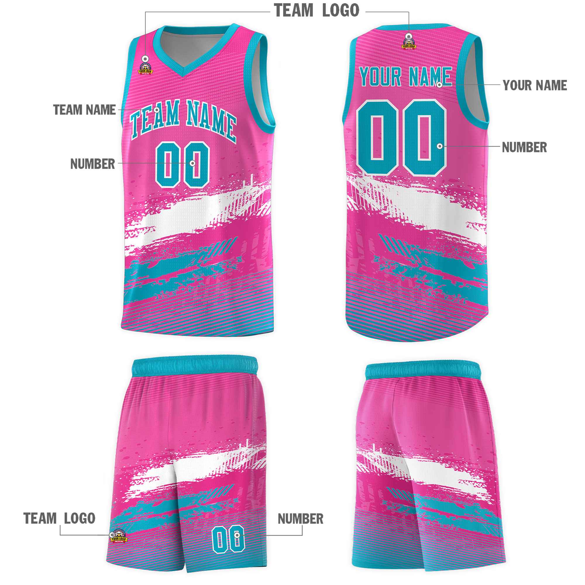 Custom Pink White and Sky Blue Graffiti Pattern Sports Uniform Basketball Jersey