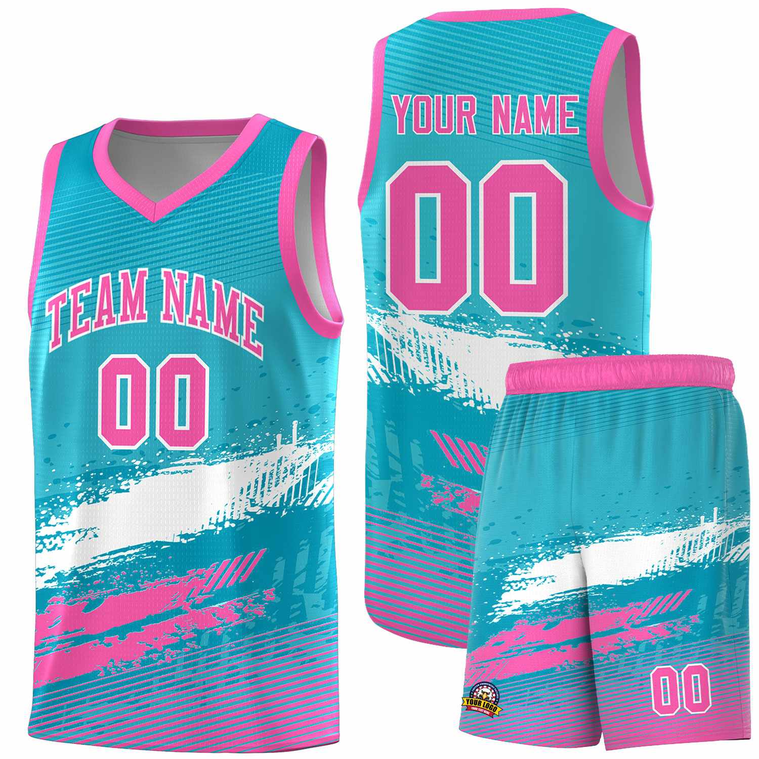 Custom Sky Blue White and Pink Graffiti Pattern Sports Uniform Basketball Jersey