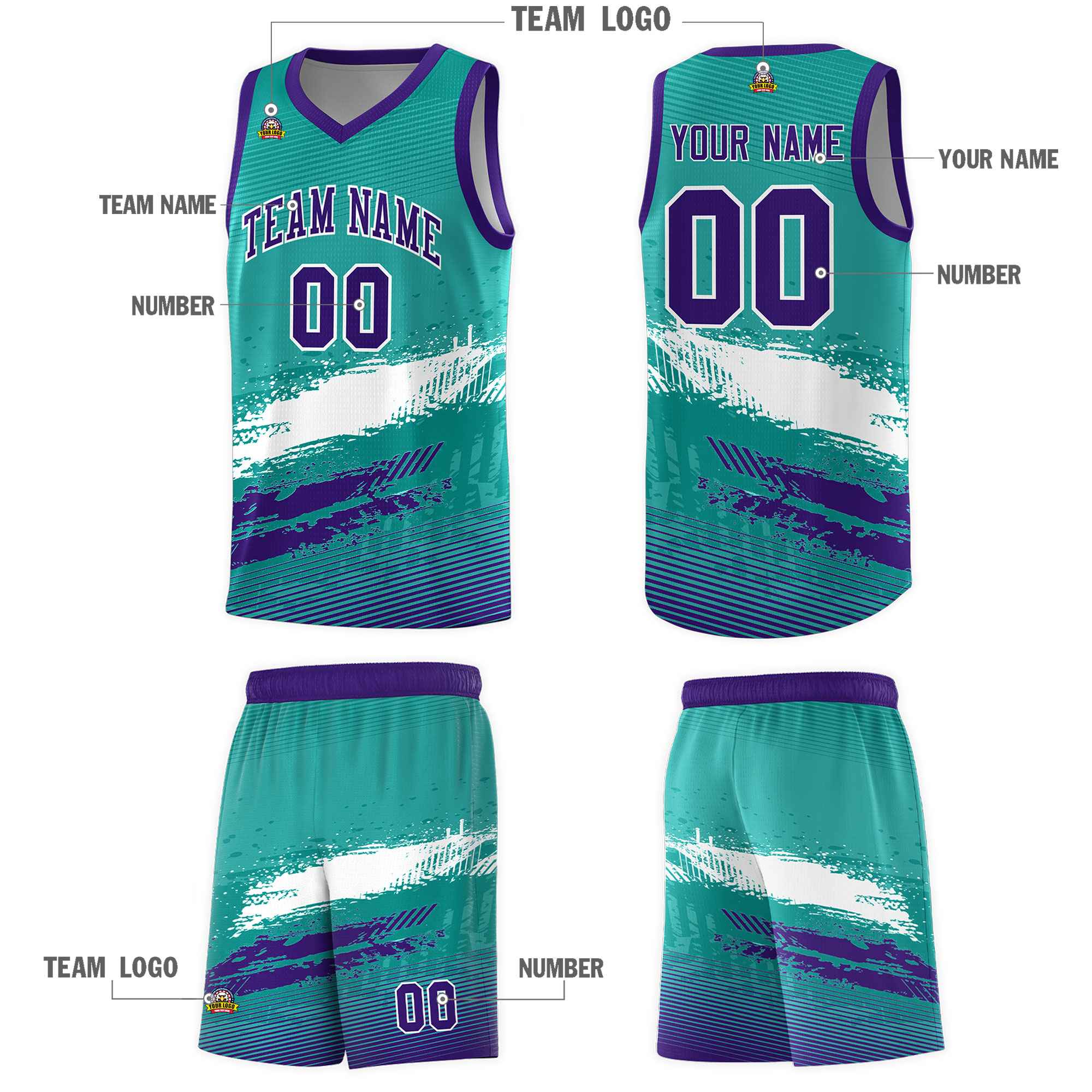 Custom Aqua White and Purple Graffiti Pattern Sports Uniform Basketball Jersey