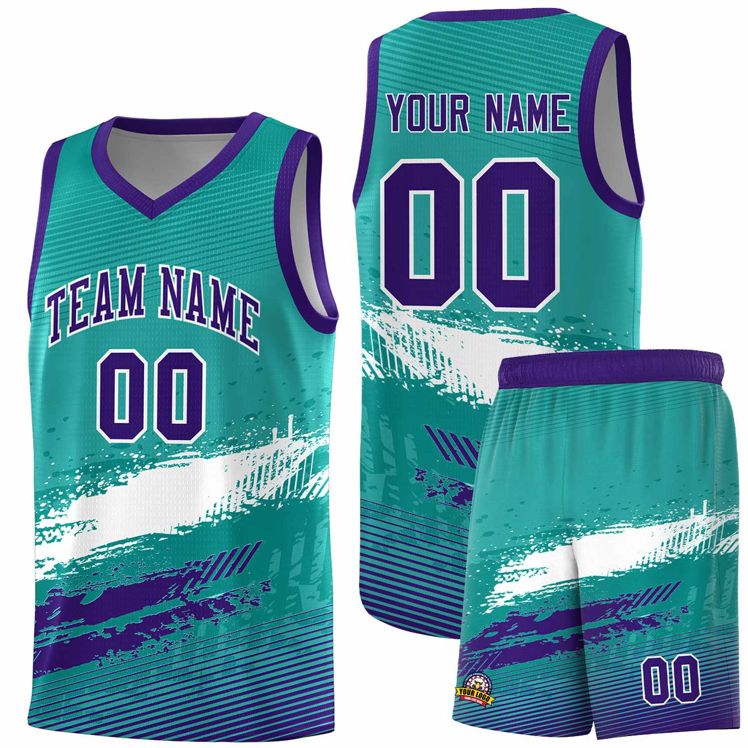 Custom Aqua White and Purple Graffiti Pattern Sports Uniform Basketball Jersey