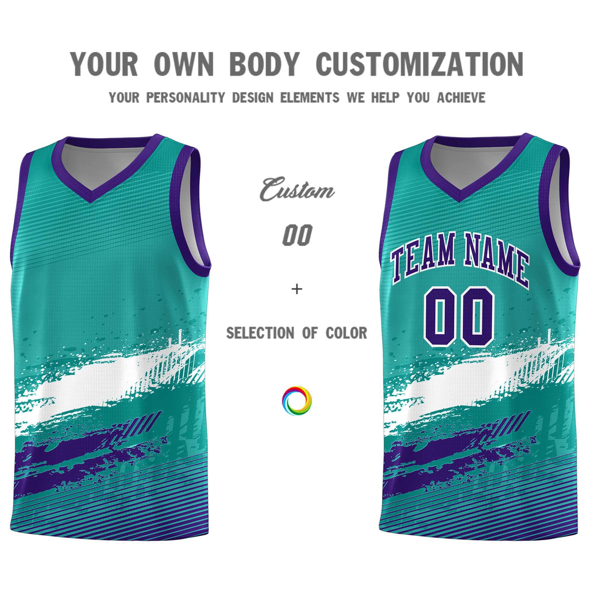 Custom Aqua White and Purple Graffiti Pattern Sports Uniform Basketball Jersey