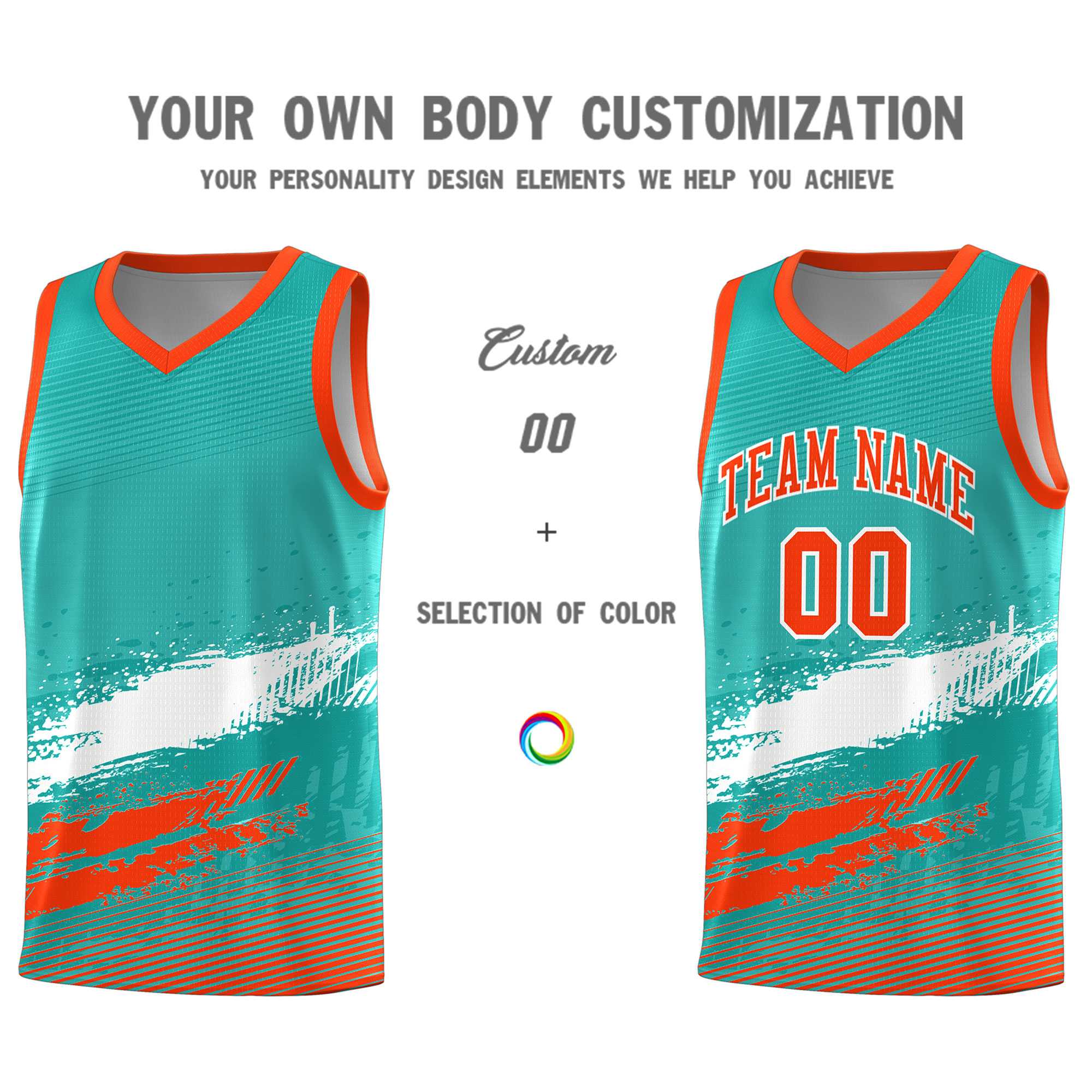 Custom Aqua White and Orange Graffiti Pattern Sports Uniform Basketball Jersey