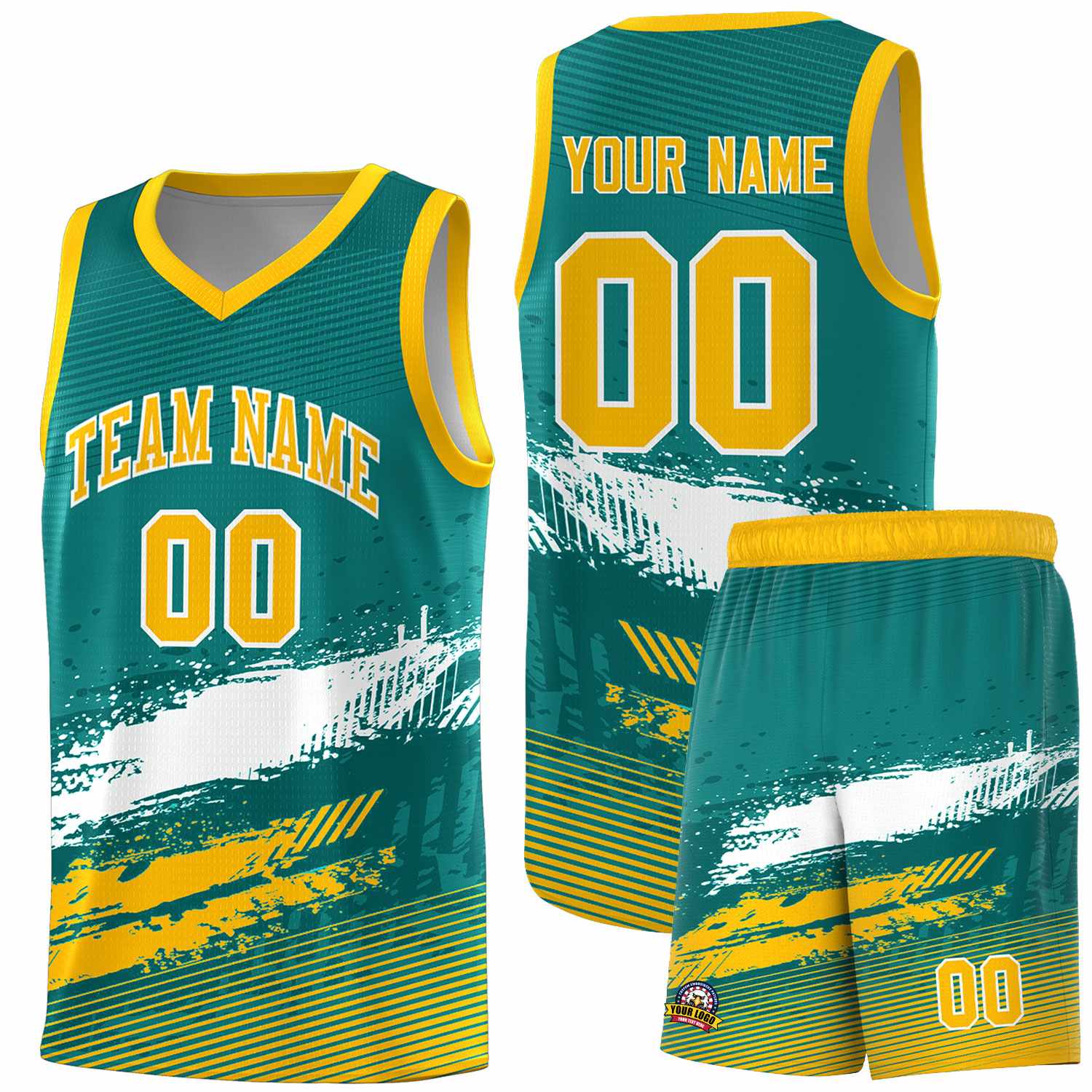 Custom Aqua White and Yellow Graffiti Pattern Sports Uniform Basketball Jersey