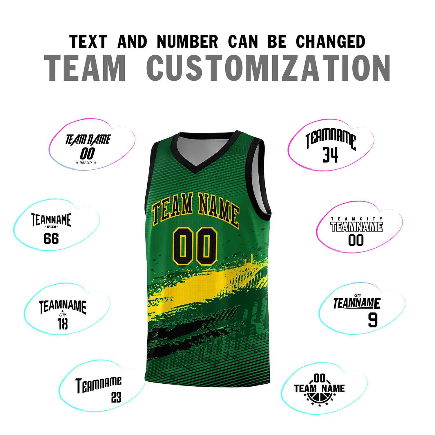 Custom Kelly Green Gold and Black Graffiti Pattern Sports Uniform Basketball Jersey