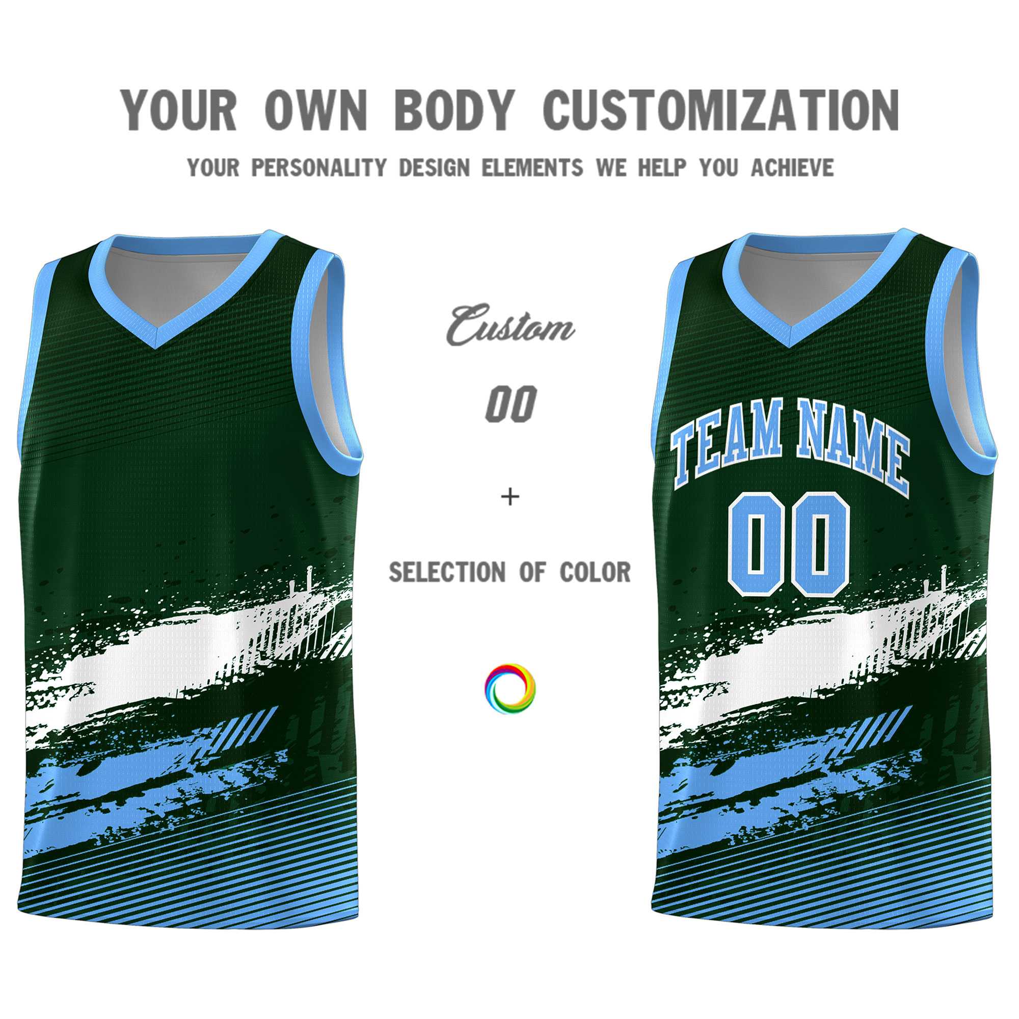 Custom Green White and Powder Blue Graffiti Pattern Sports Uniform Basketball Jersey