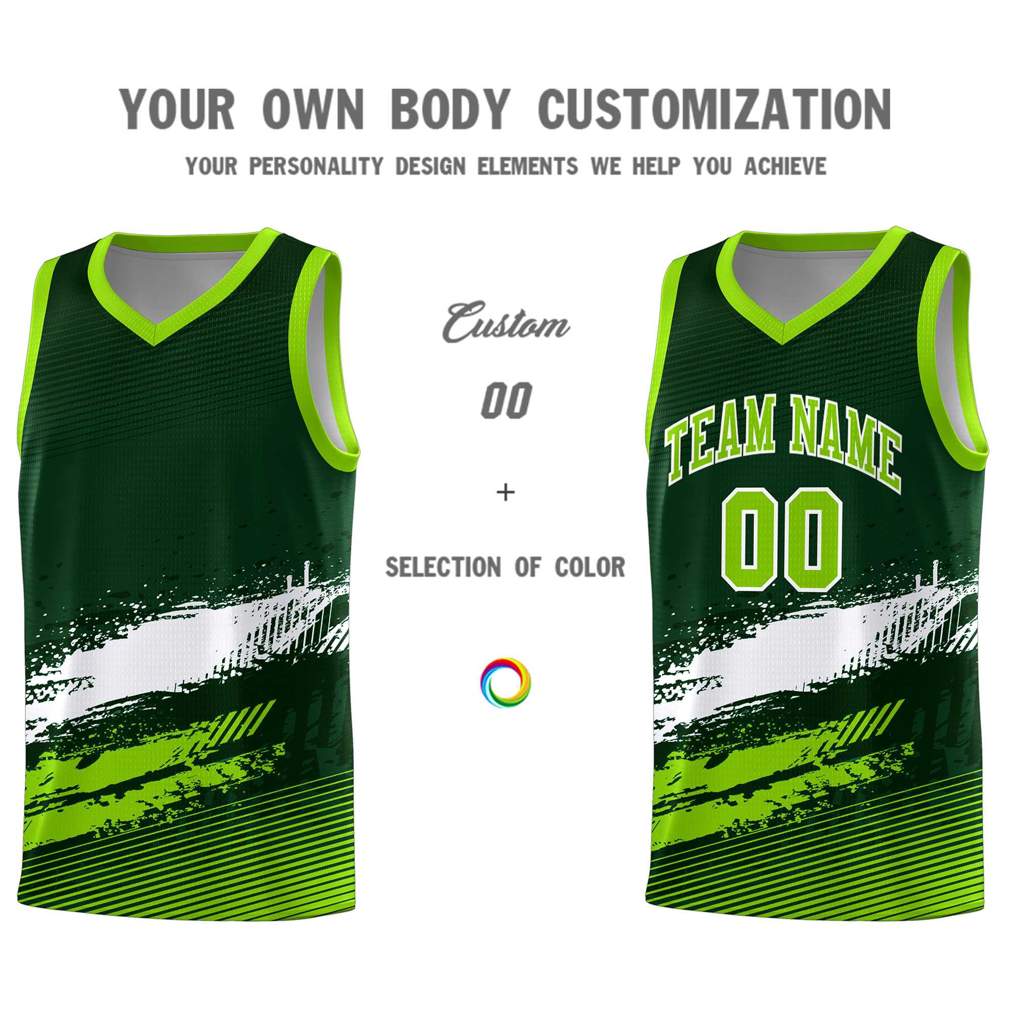 Custom Green White and Neon Green Graffiti Pattern Sports Uniform Basketball Jersey