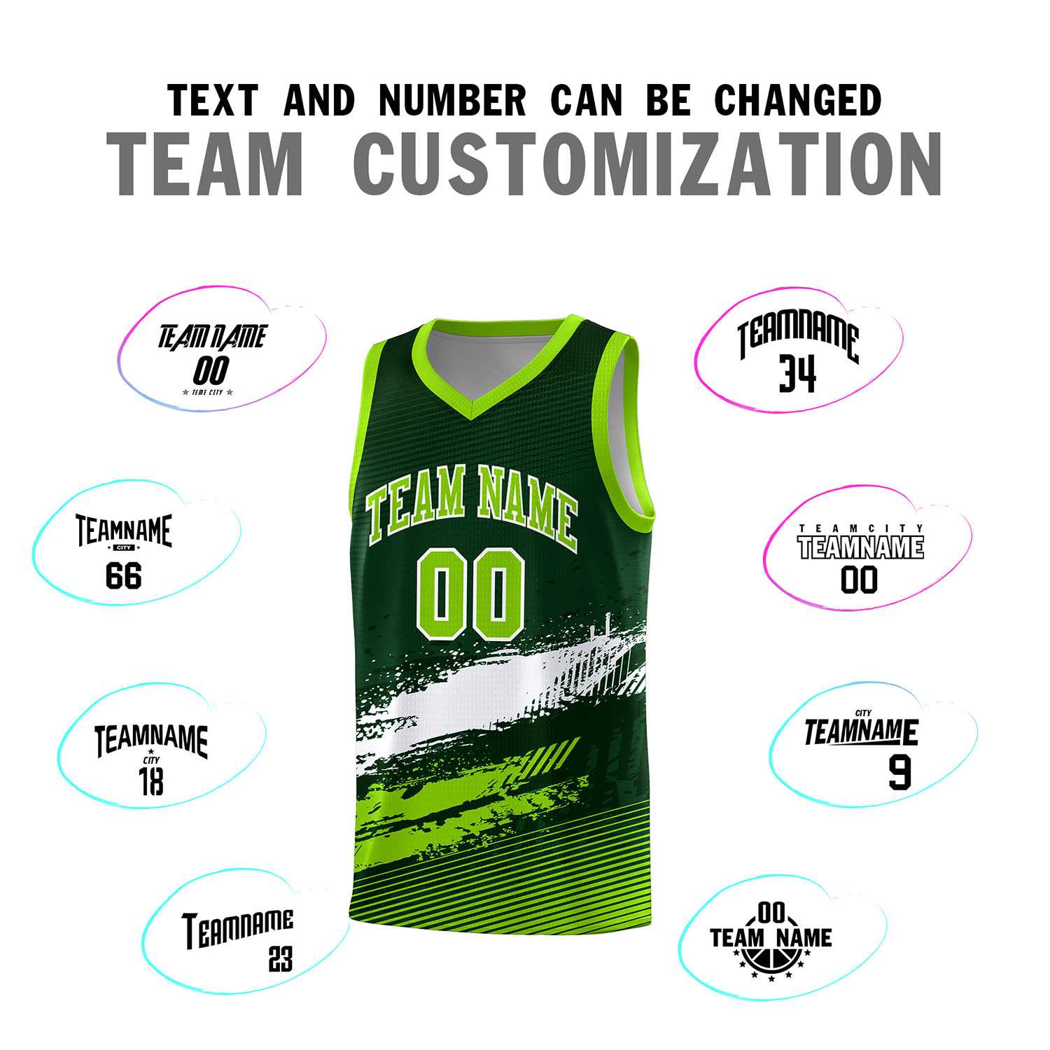 Custom Green White and Neon Green Graffiti Pattern Sports Uniform Basketball Jersey