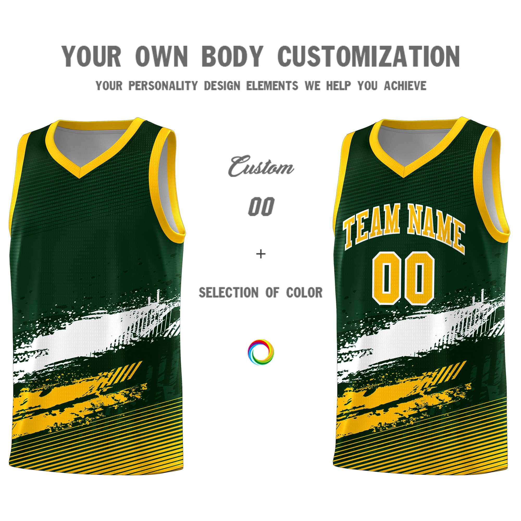 Custom Green White and Yellow Graffiti Pattern Sports Uniform Basketball Jersey