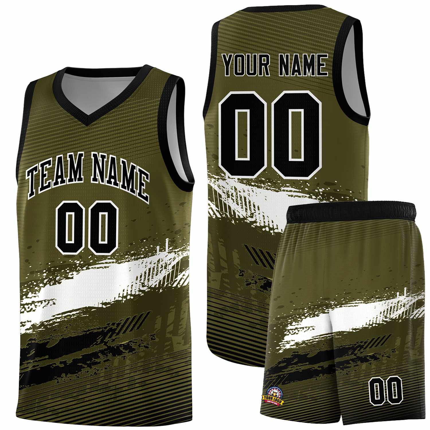 Custom Olive White and Black Graffiti Pattern Sports Uniform Basketball Jersey