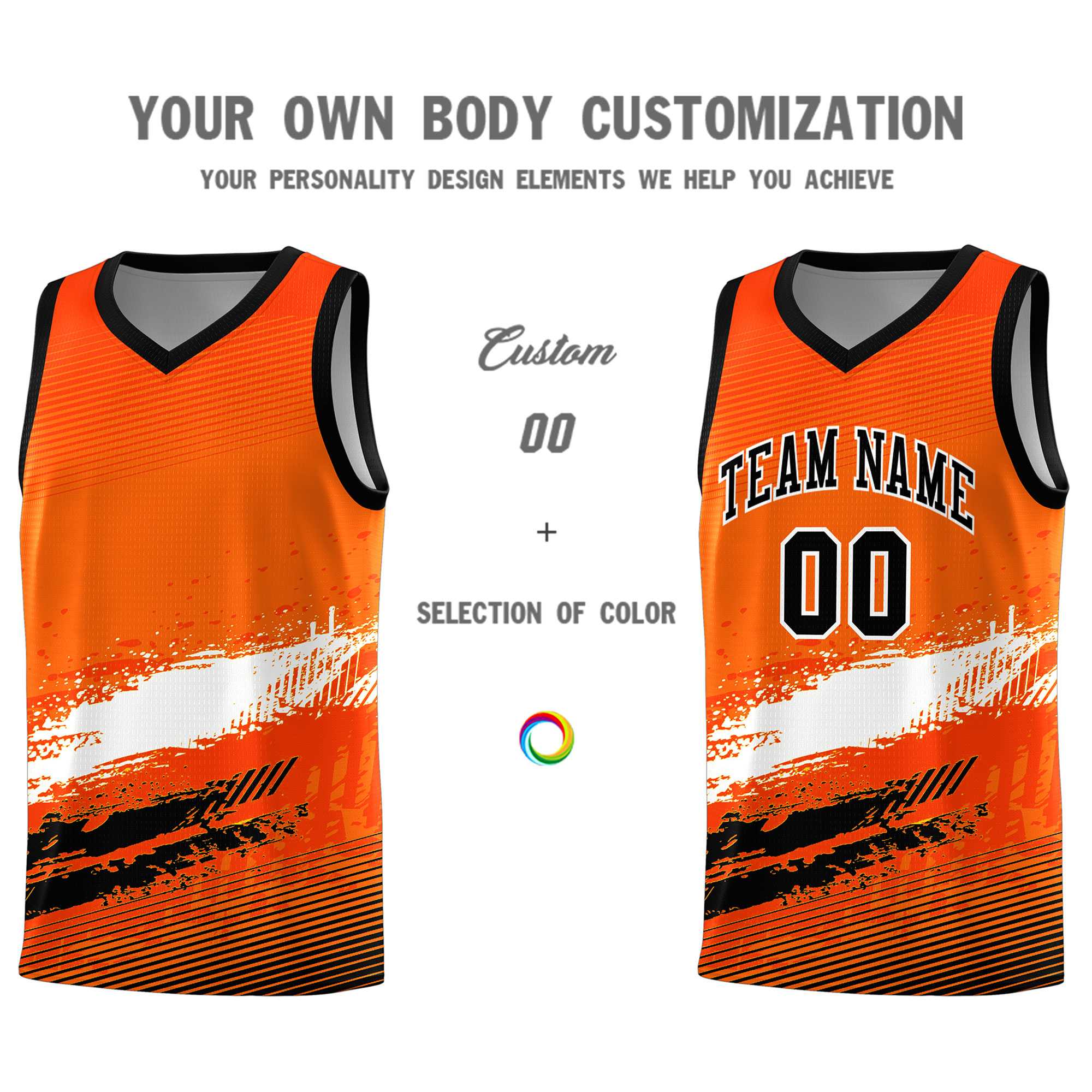 Custom Orange White and Black Graffiti Pattern Sports Uniform Basketball Jersey