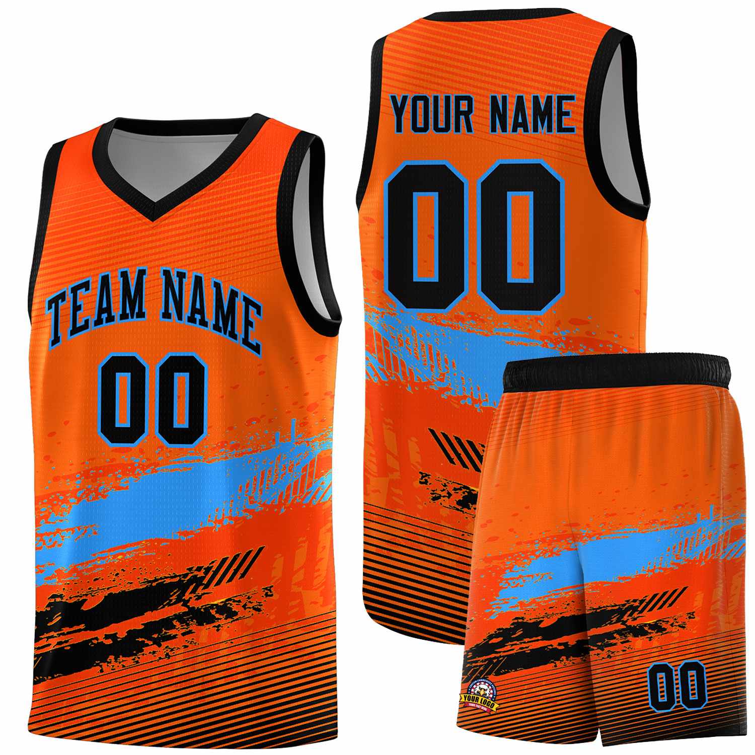 Custom Orange Powder Blue and Black Graffiti Pattern Sports Uniform Basketball Jersey