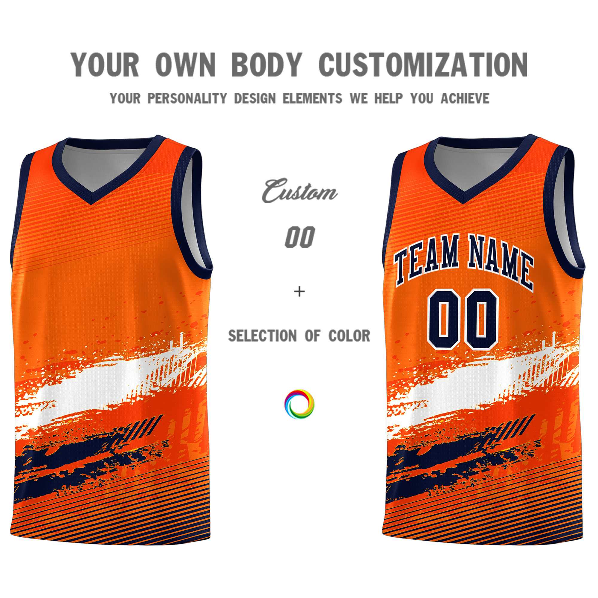 Custom Orange White and Navy Graffiti Pattern Sports Uniform Basketball Jersey