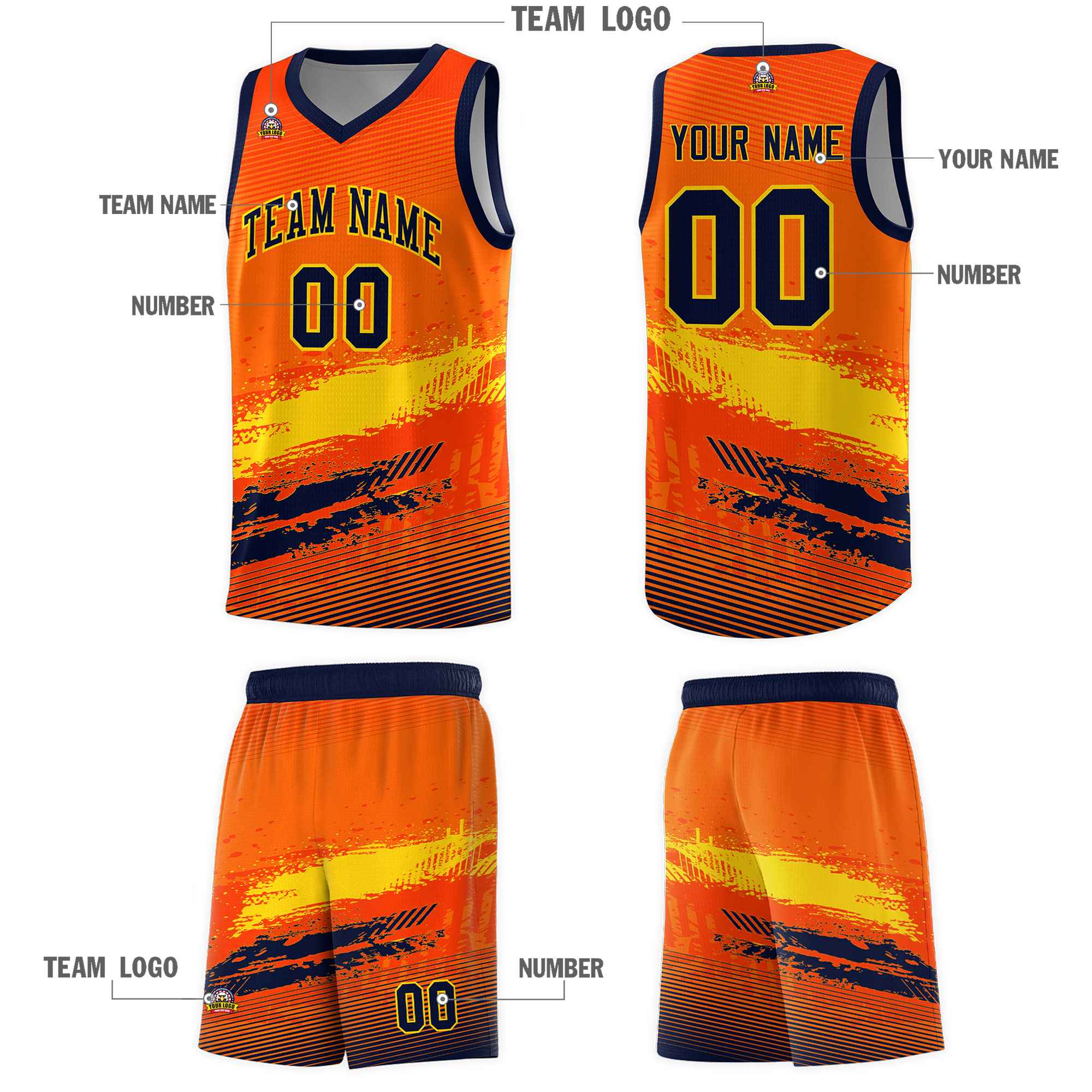 Custom Orange Gold and Navy Graffiti Pattern Sports Uniform Basketball Jersey