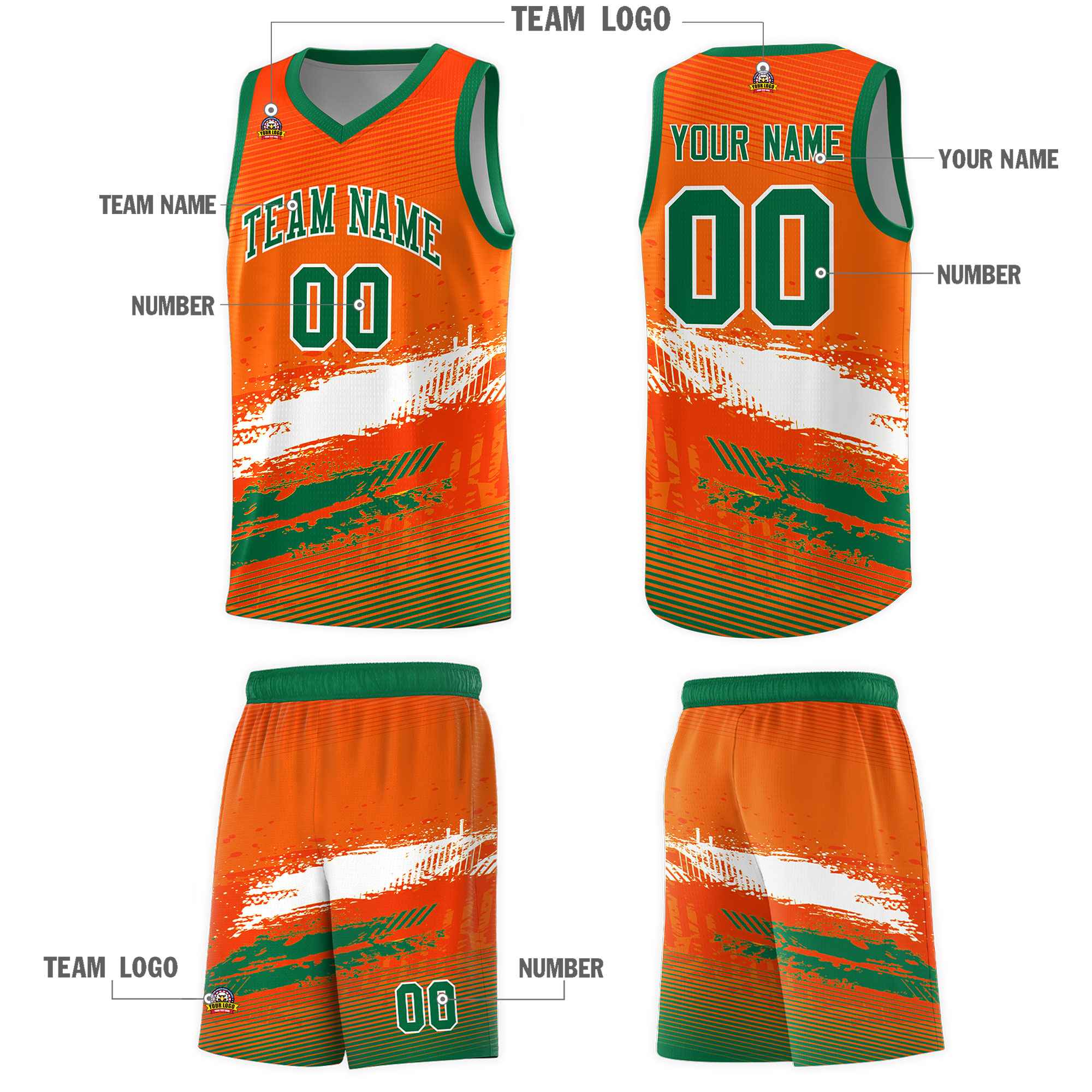 Custom Orange White and Kelly Green Graffiti Pattern Sports Uniform Basketball Jersey