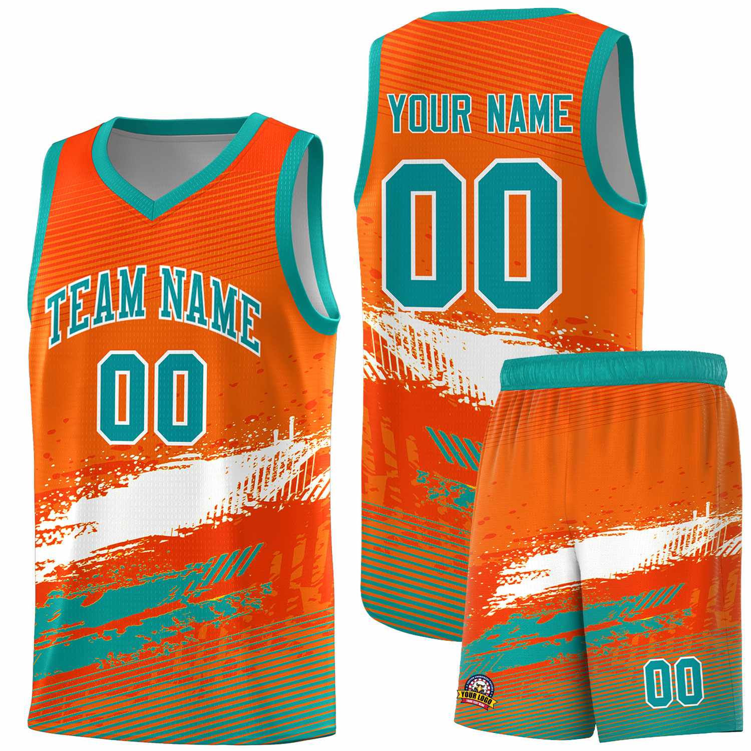 Custom Orange White and Aqua Graffiti Pattern Sports Uniform Basketball Jersey