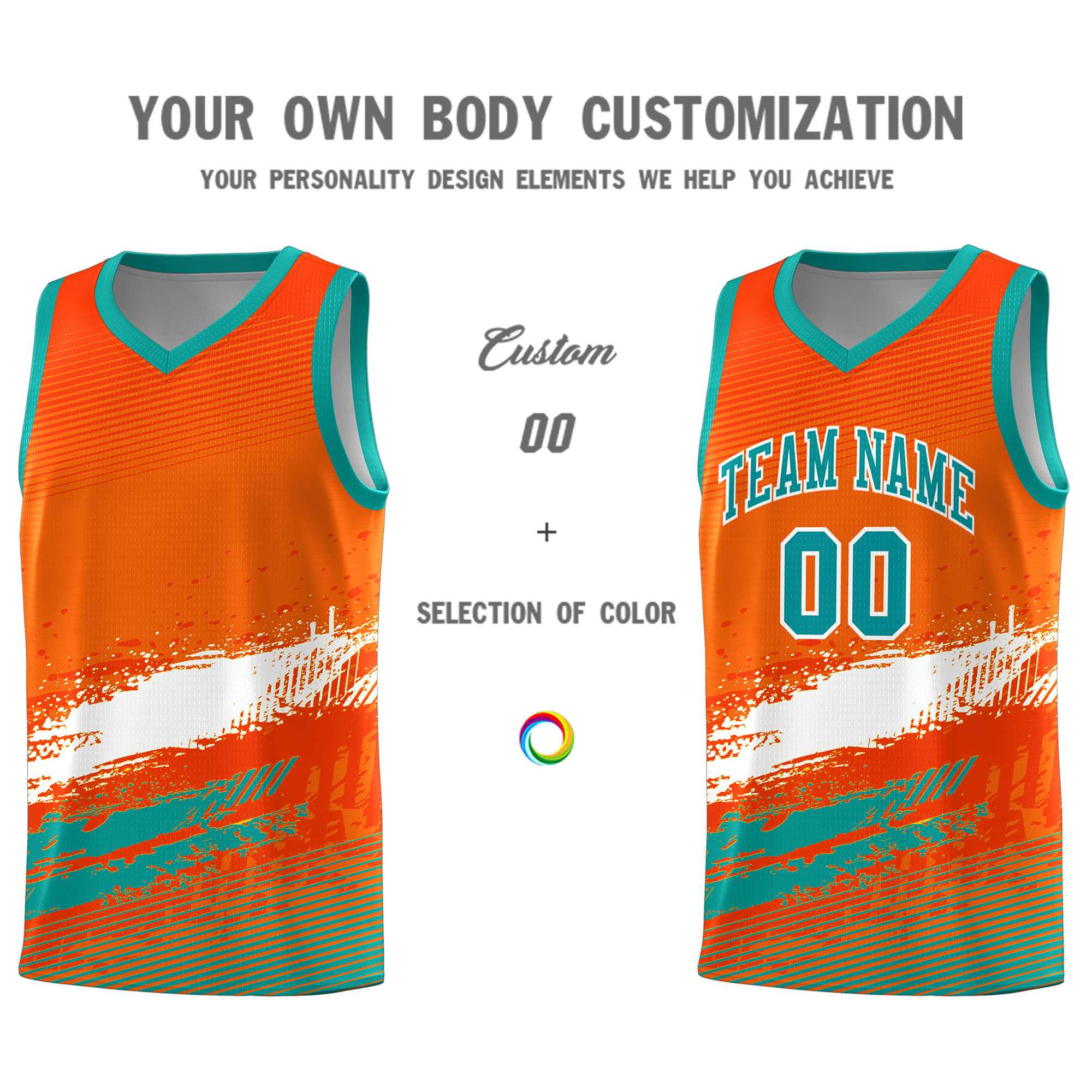 Custom Orange White and Aqua Graffiti Pattern Sports Uniform Basketball Jersey