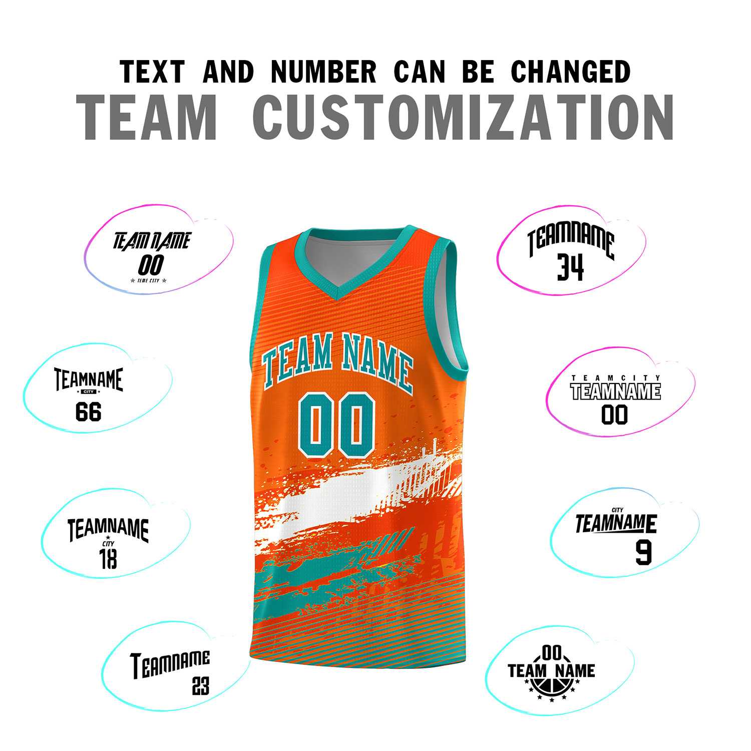 Custom Orange White and Aqua Graffiti Pattern Sports Uniform Basketball Jersey