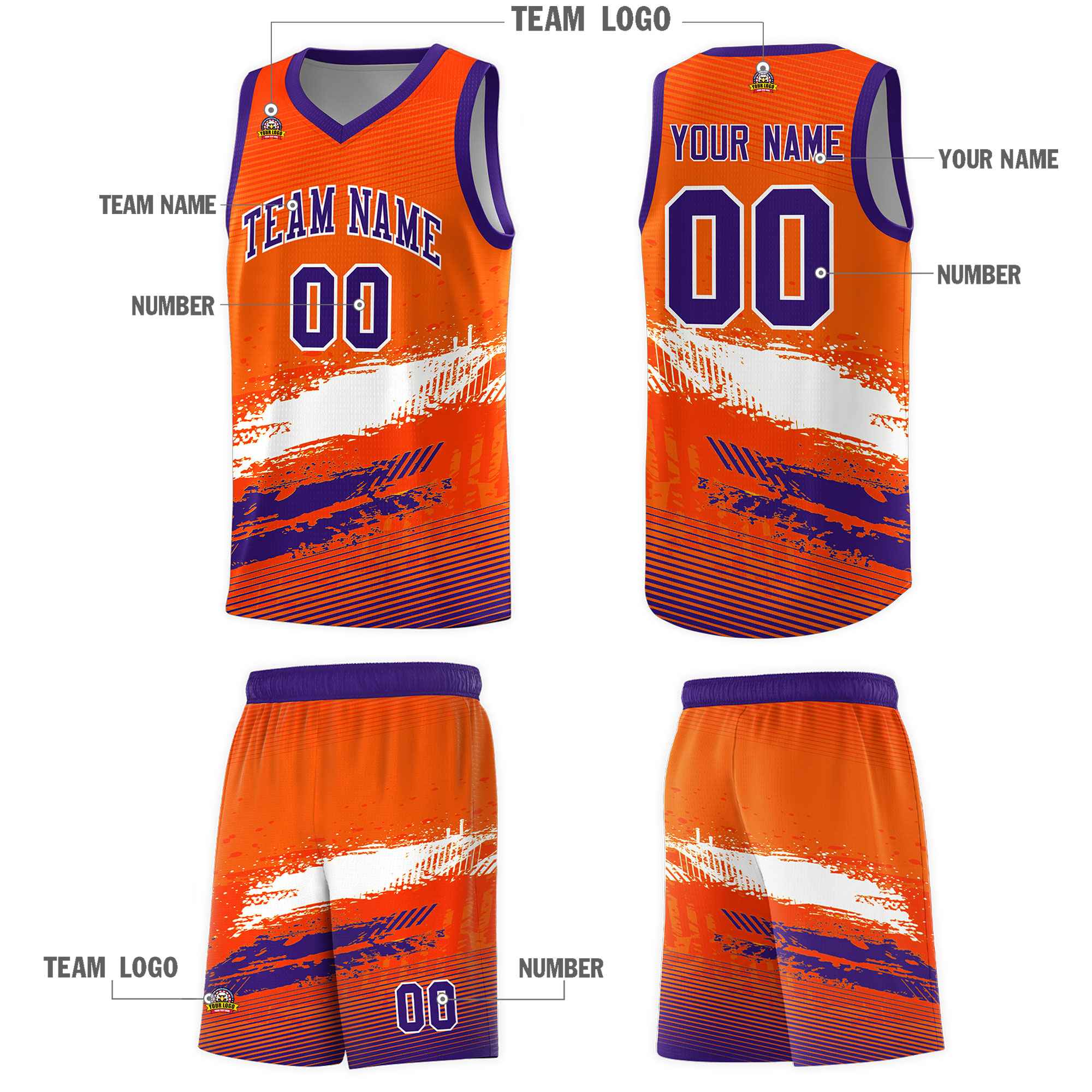 Custom Orange White and Purple Graffiti Pattern Sports Uniform Basketball Jersey