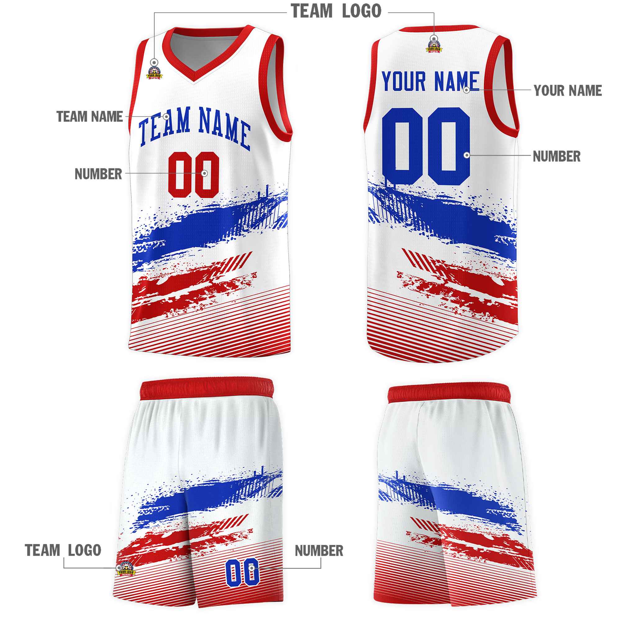 Custom White Royal and Red Graffiti Pattern Sports Uniform Basketball Jersey