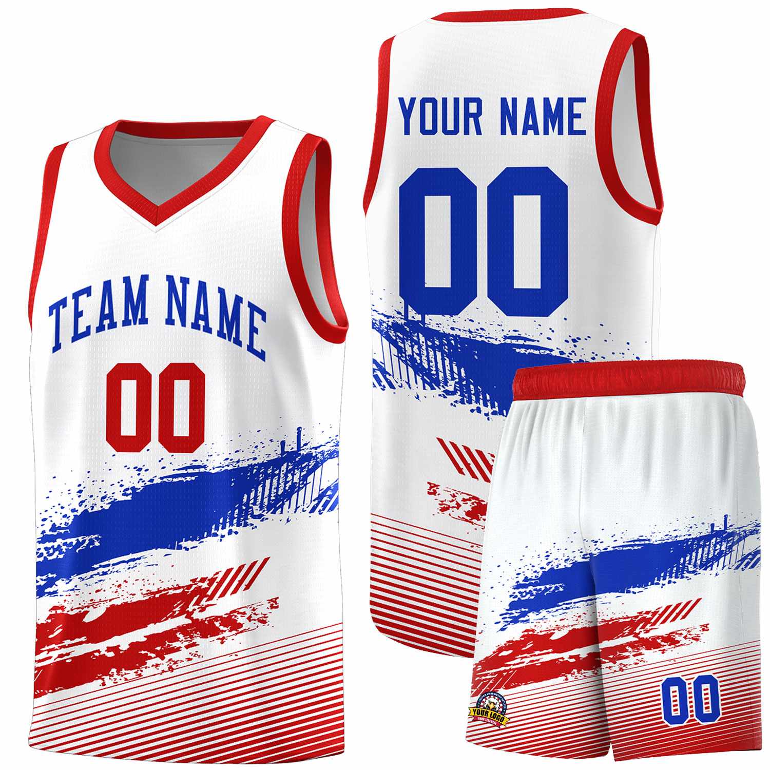 Custom White Royal and Red Graffiti Pattern Sports Uniform Basketball Jersey