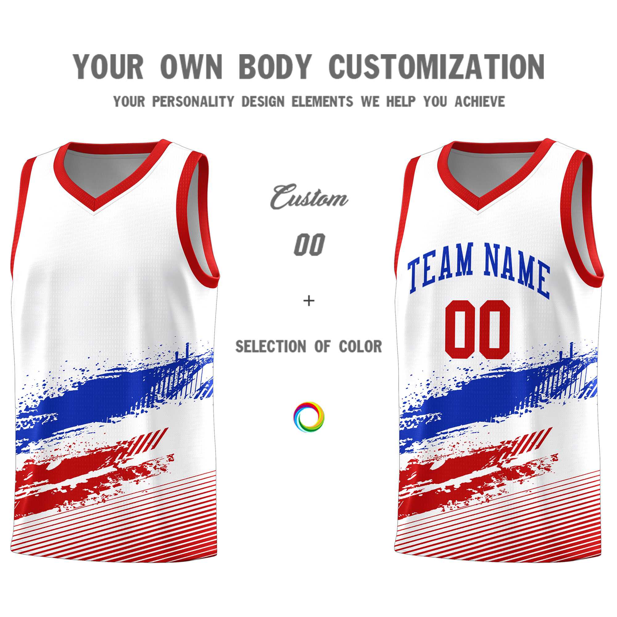 Custom White Royal and Red Graffiti Pattern Sports Uniform Basketball Jersey