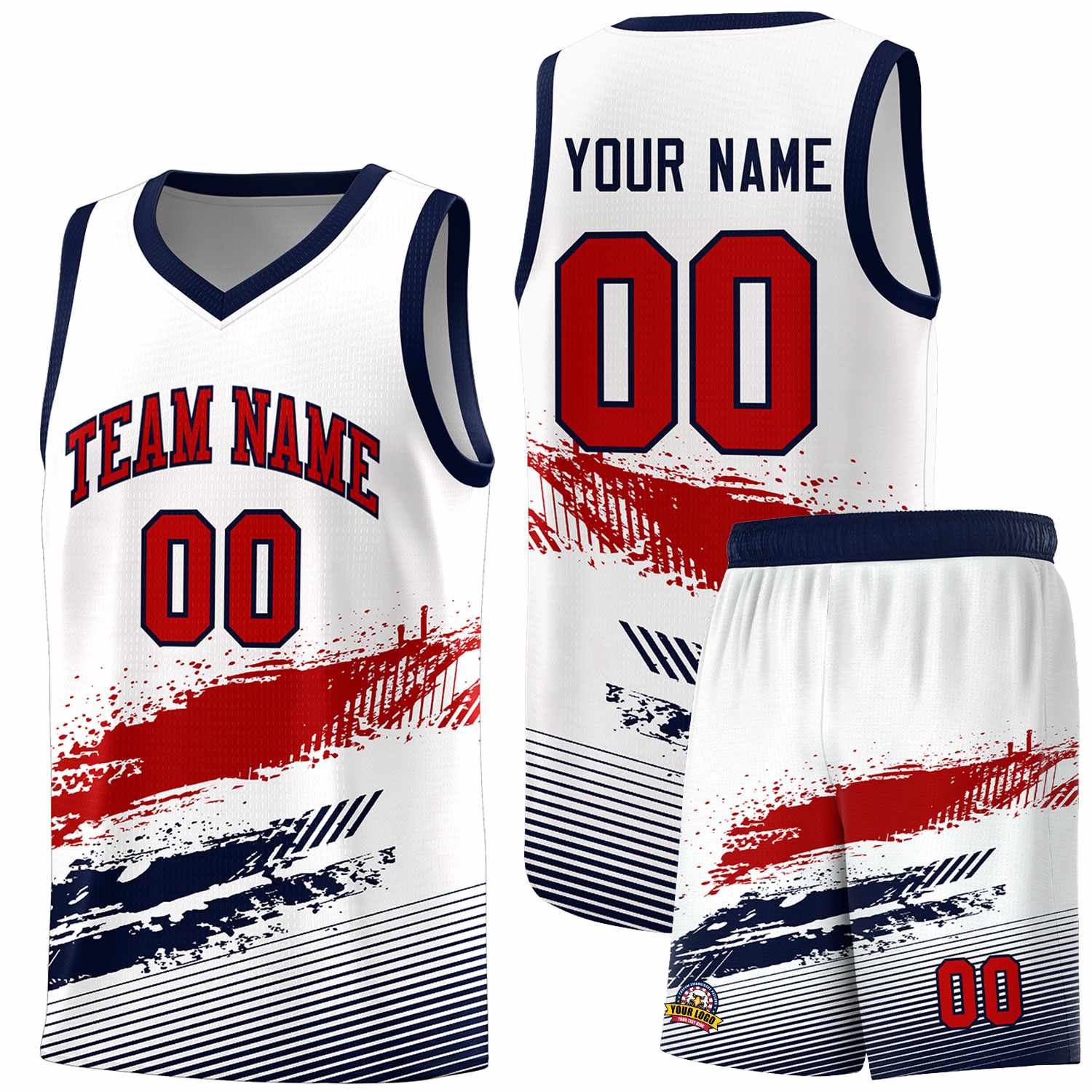 Custom White Red and Navy Graffiti Pattern Sports Uniform Basketball Jersey