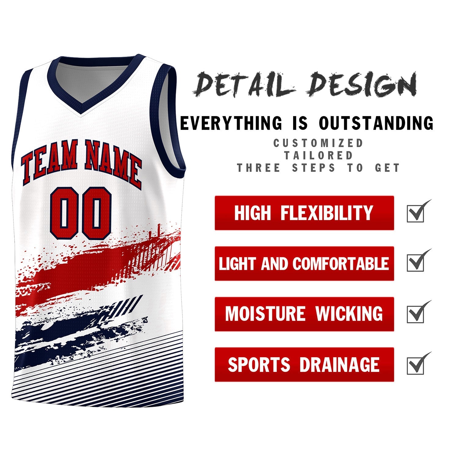 Custom White Red and Navy Graffiti Pattern Sports Uniform Basketball Jersey