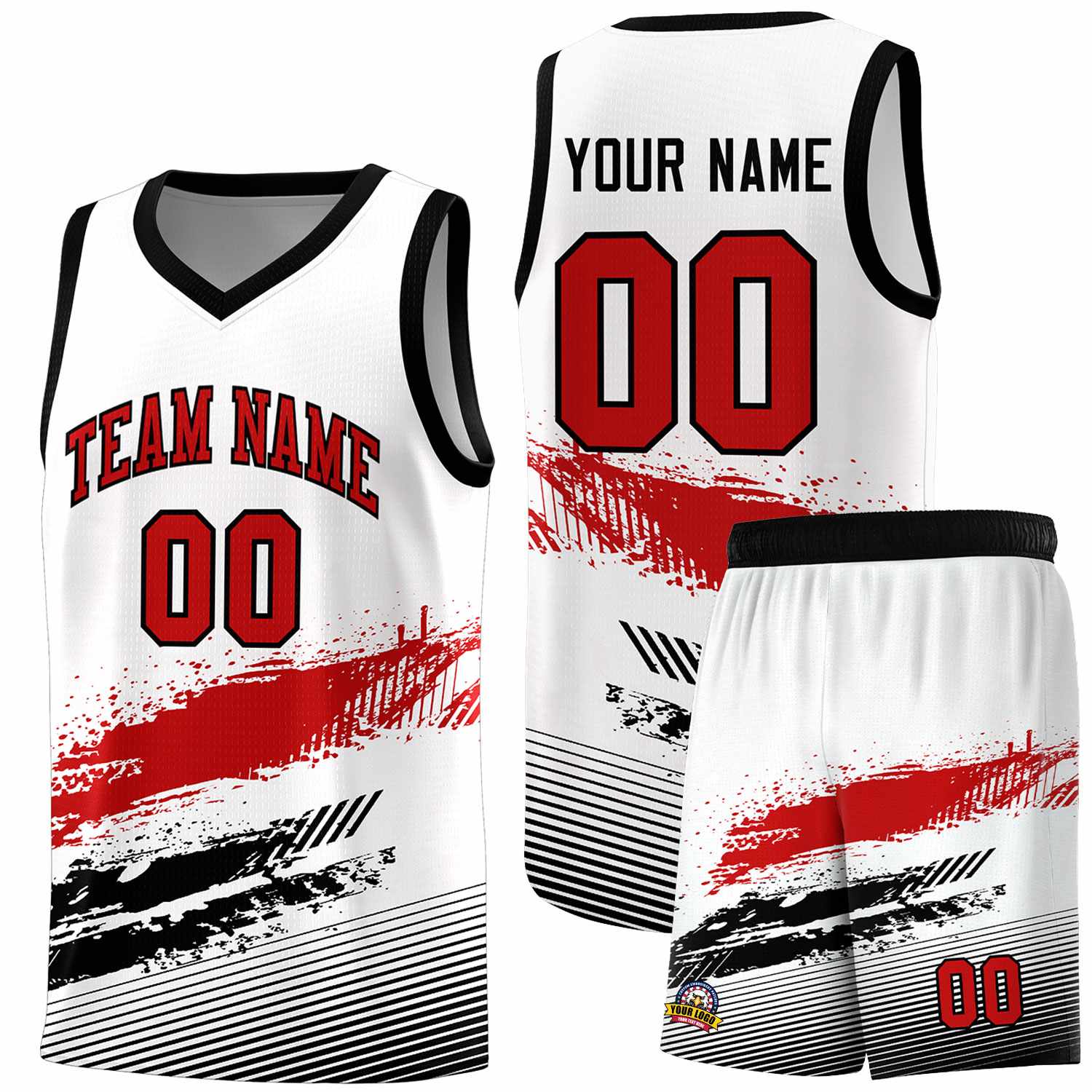 Custom White Red and Black Graffiti Pattern Sports Uniform Basketball Jersey