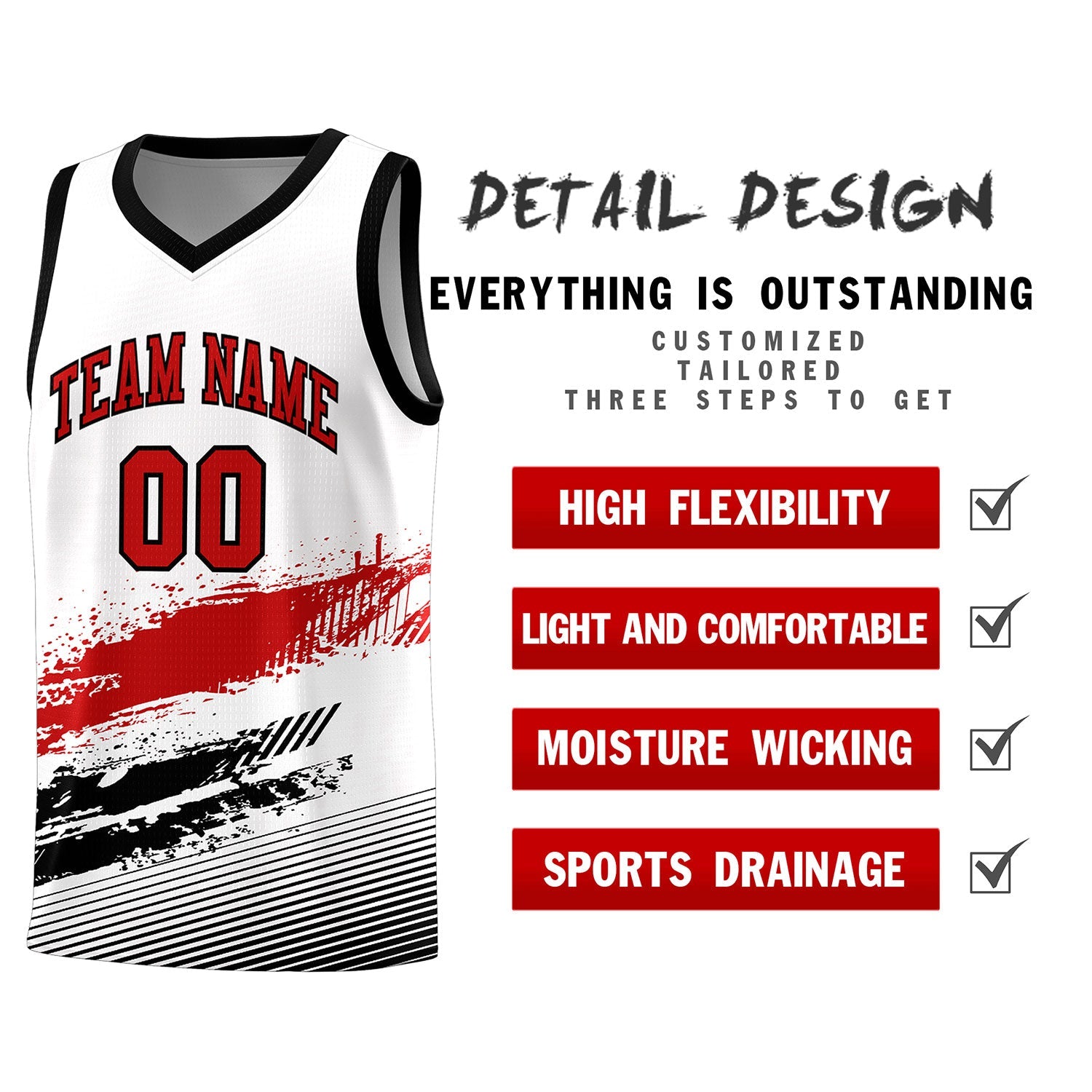 Custom White Red and Black Graffiti Pattern Sports Uniform Basketball Jersey