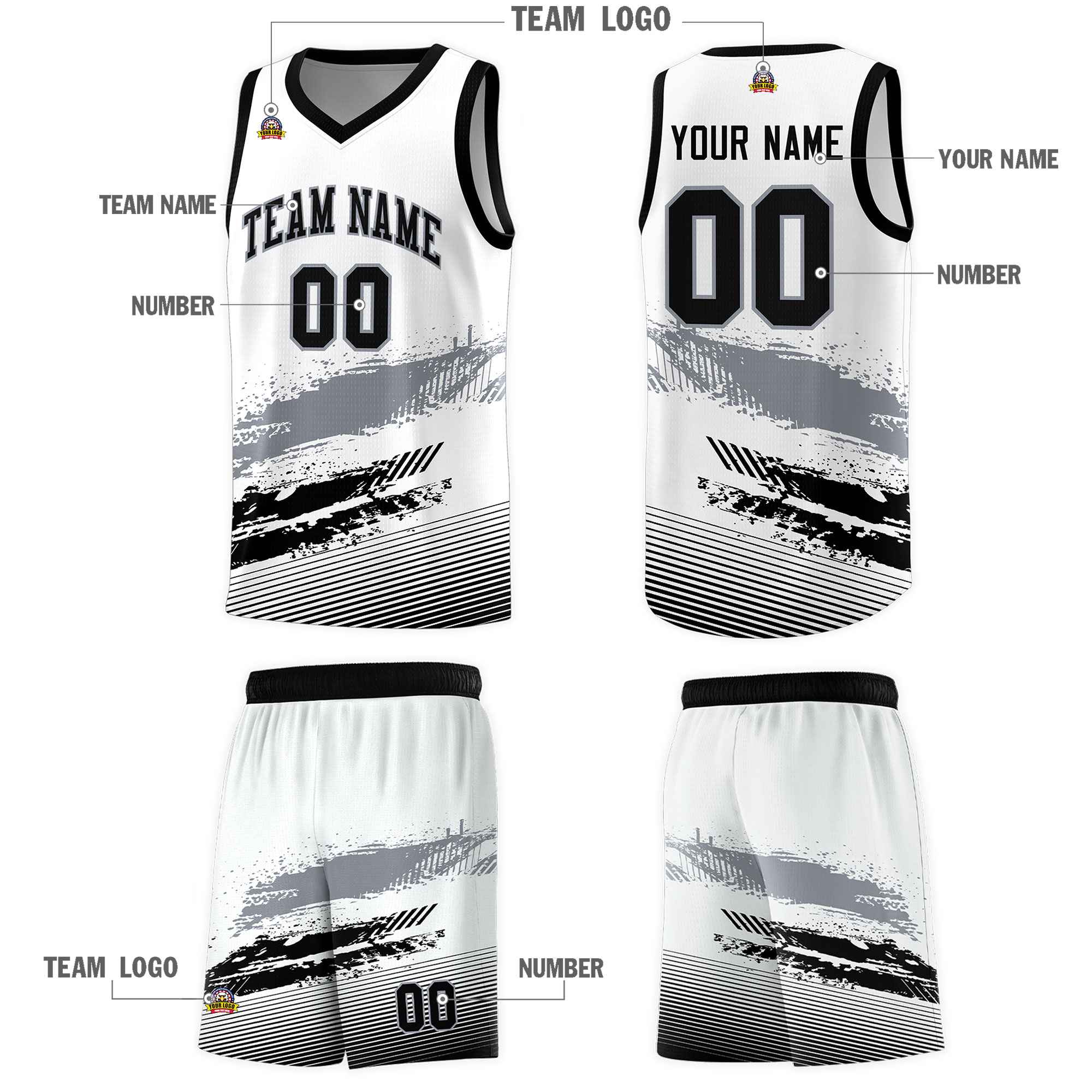 Custom White Gray and Black Graffiti Pattern Sports Uniform Basketball Jersey