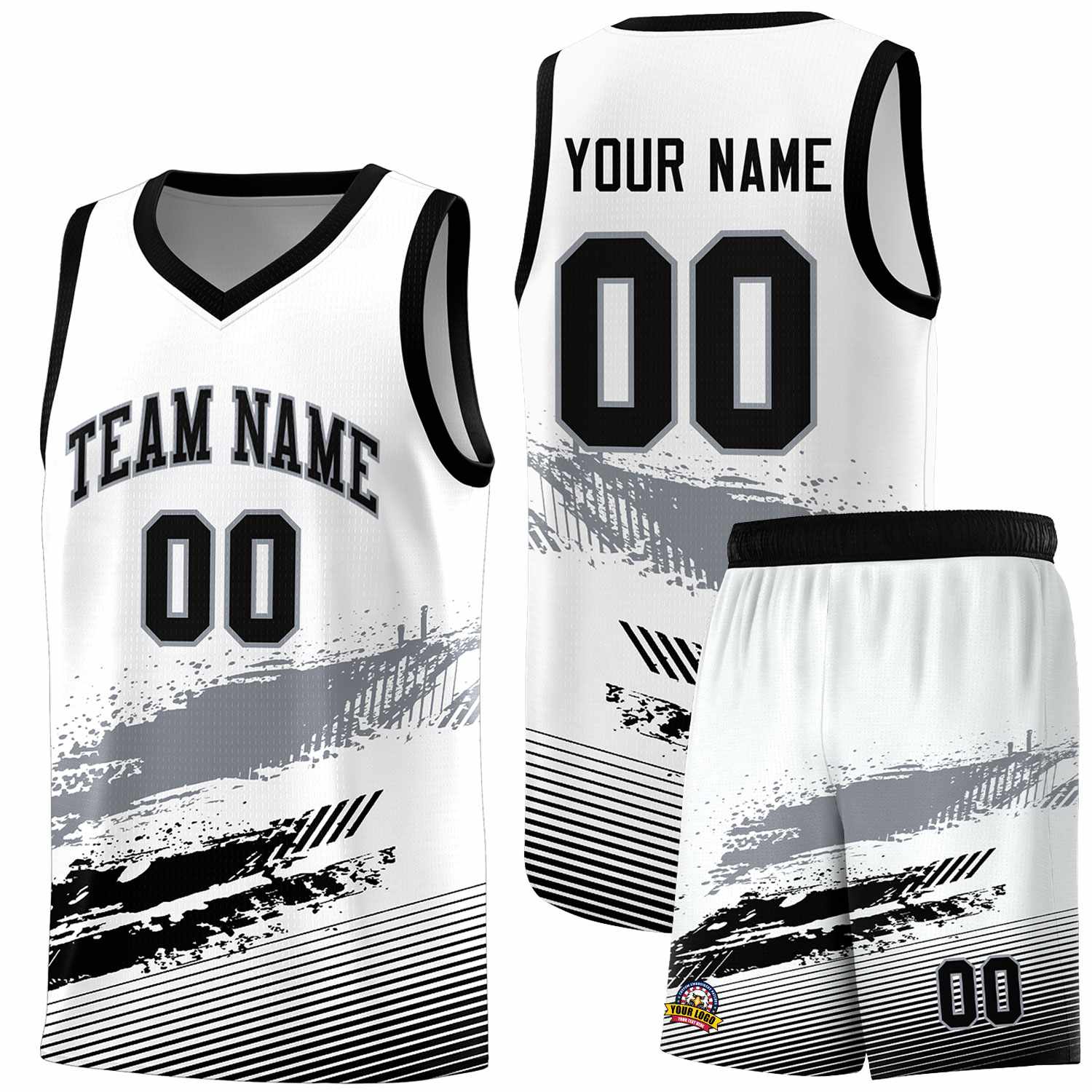 Custom White Gray and Black Graffiti Pattern Sports Uniform Basketball Jersey