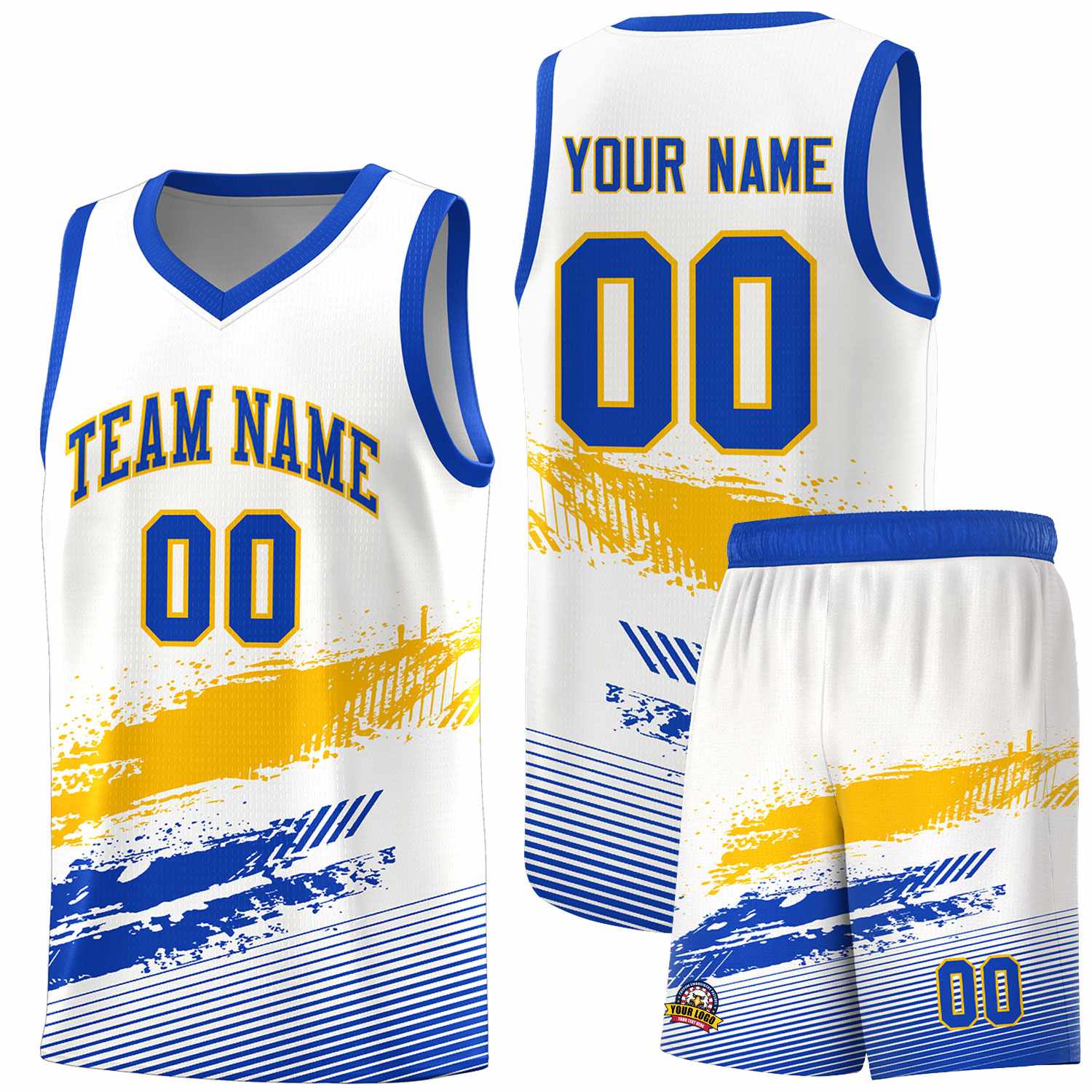 Custom White Yellow and Royal Graffiti Pattern Sports Uniform Basketball Jersey