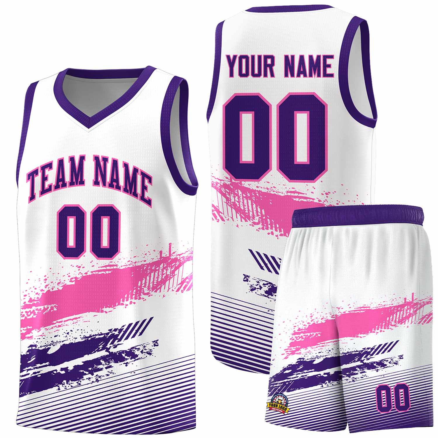 Custom White Pink and Purple Graffiti Pattern Sports Uniform Basketball Jersey