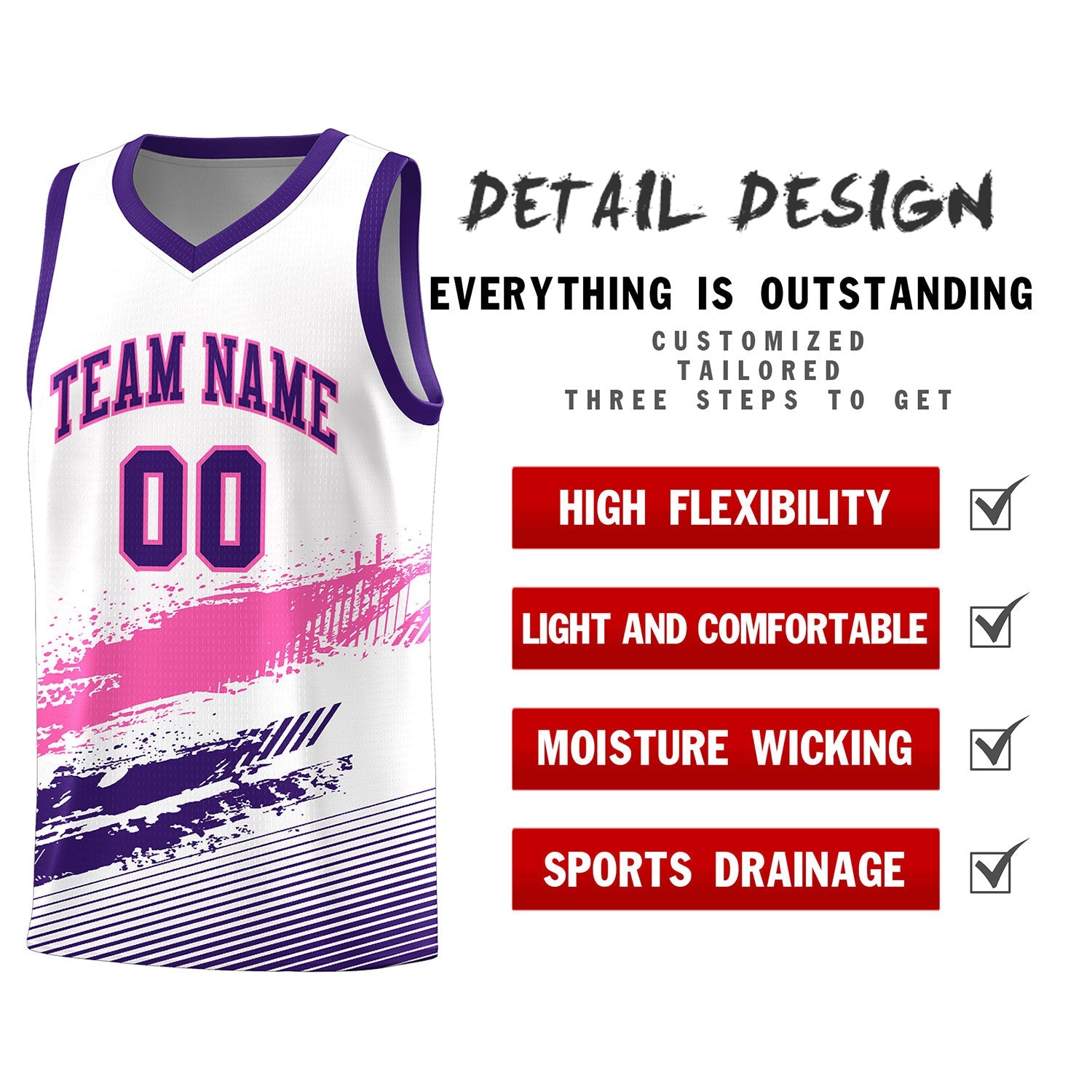 Custom White Pink and Purple Graffiti Pattern Sports Uniform Basketball Jersey