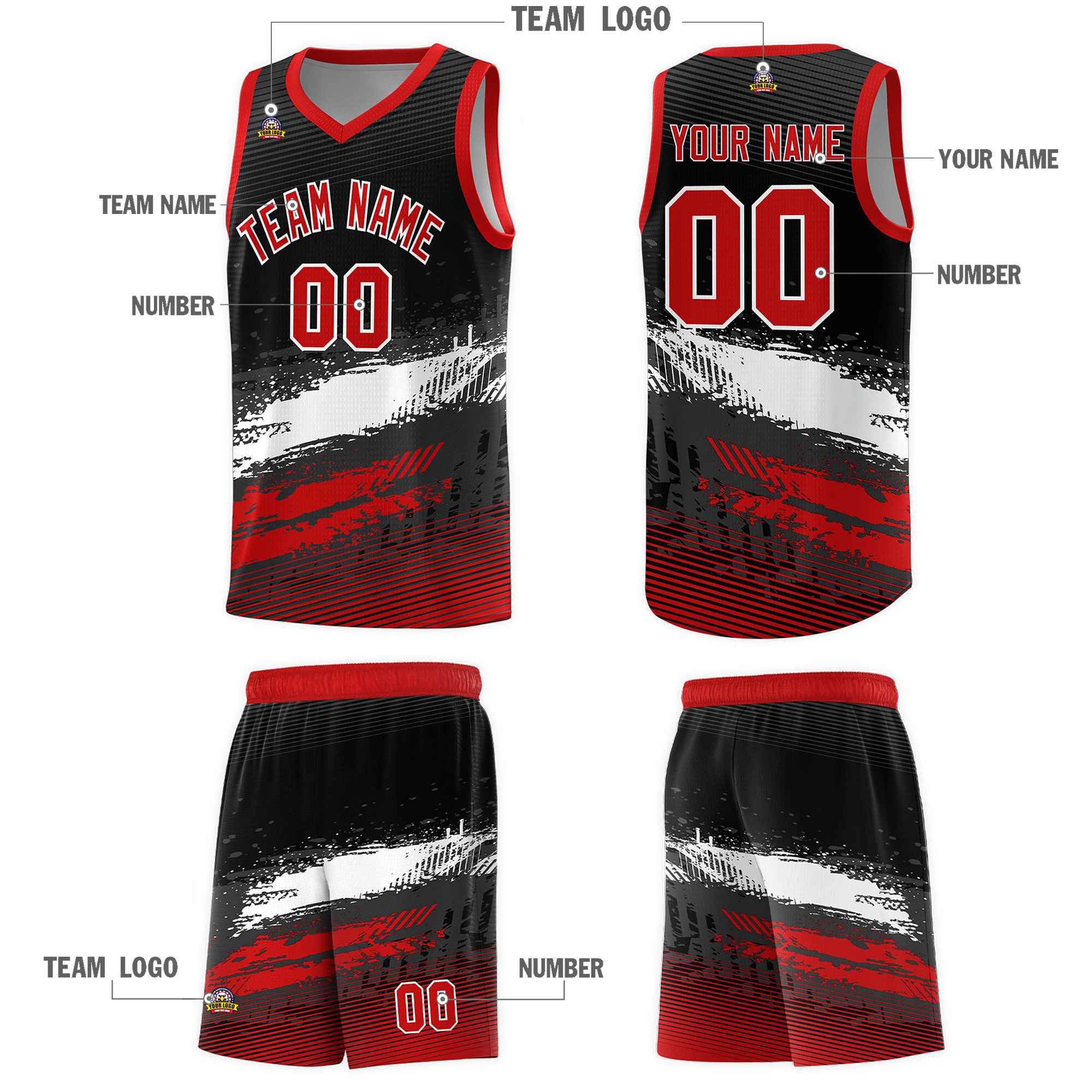 Custom Black White and Red Graffiti Pattern Sports Uniform Basketball Jersey