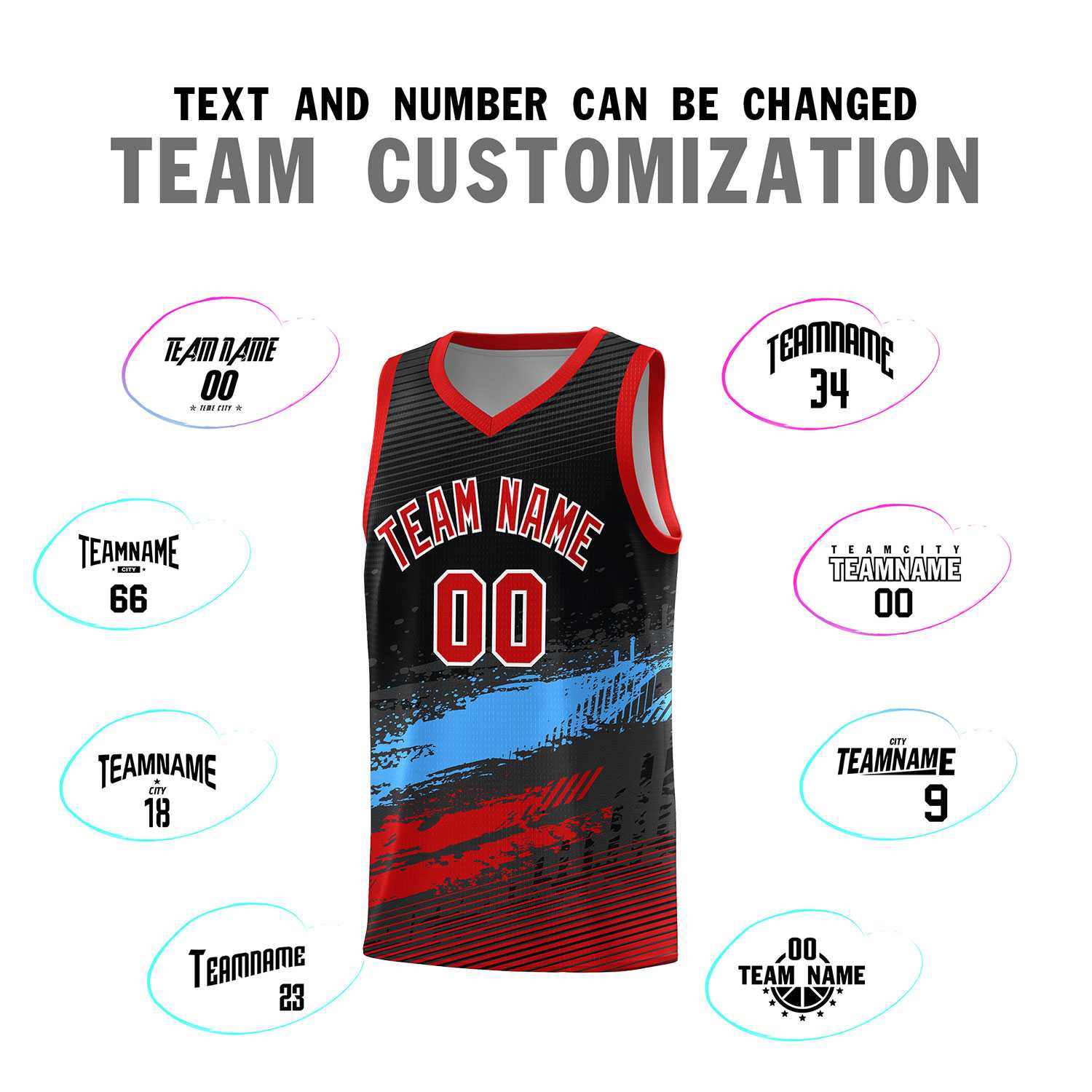 Custom Black Powder Blue and Red Graffiti Pattern Sports Uniform Basketball Jersey