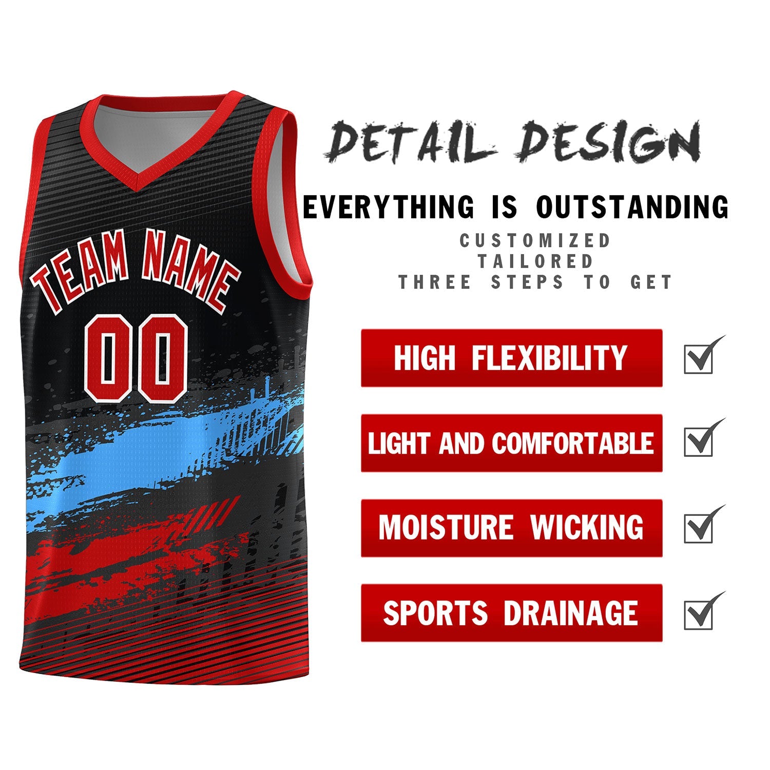 Custom Black Powder Blue and Red Graffiti Pattern Sports Uniform Basketball Jersey