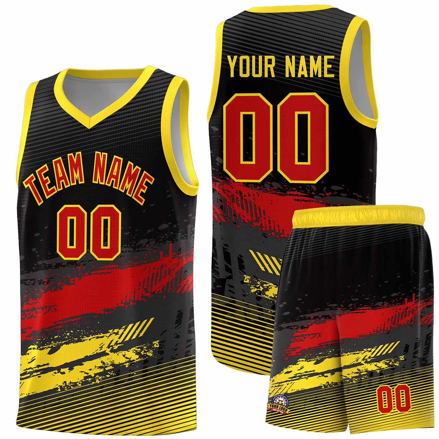 Custom Black Red and Gold Graffiti Pattern Sports Uniform Basketball Jersey