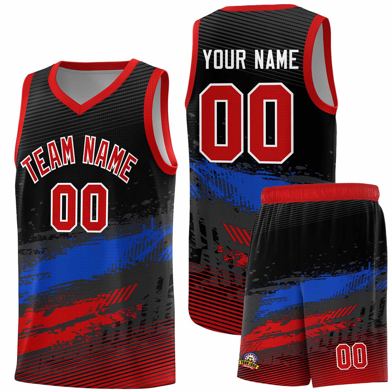 Custom Black Royal and Red Graffiti Pattern Sports Uniform Basketball Jersey