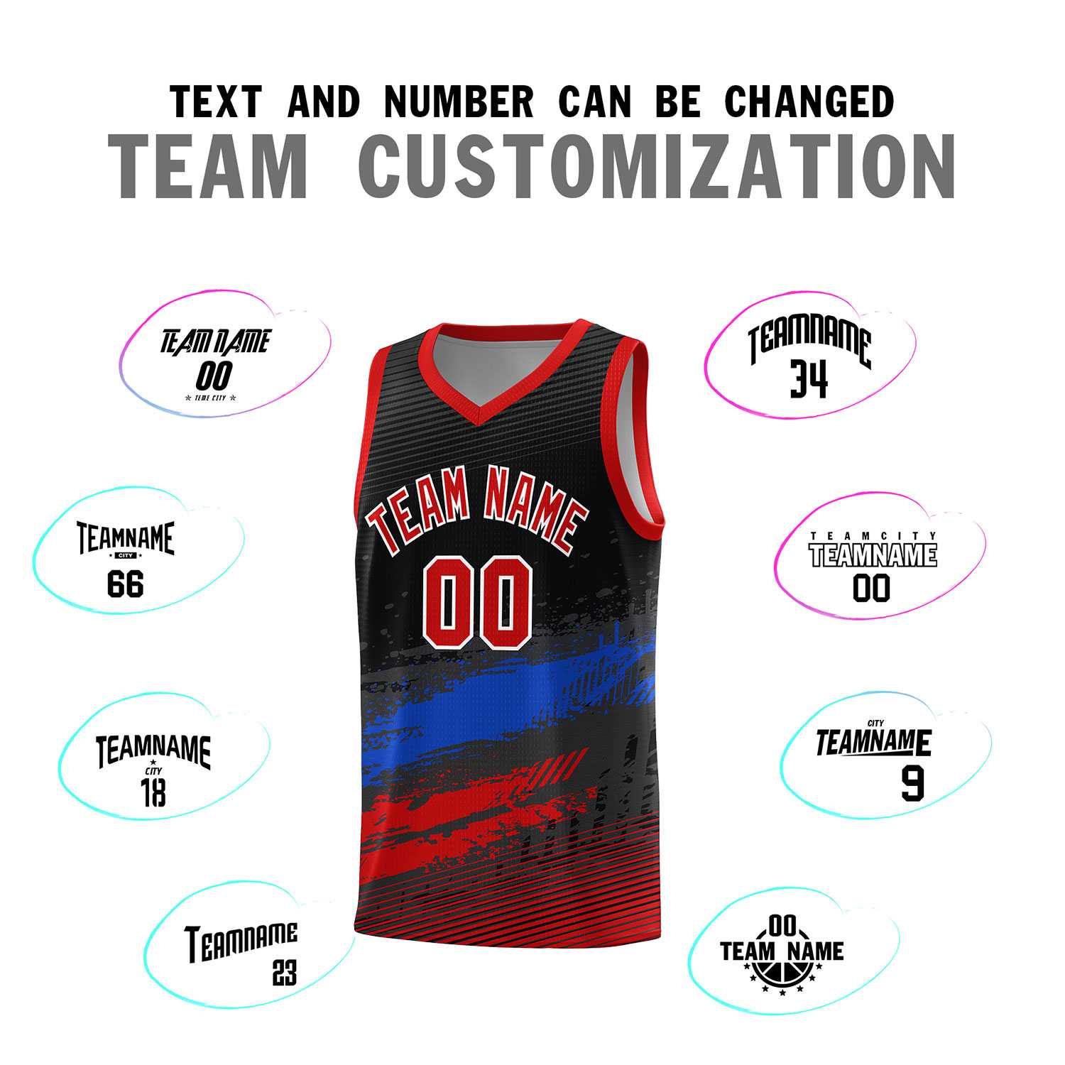 Custom Black Royal and Red Graffiti Pattern Sports Uniform Basketball Jersey