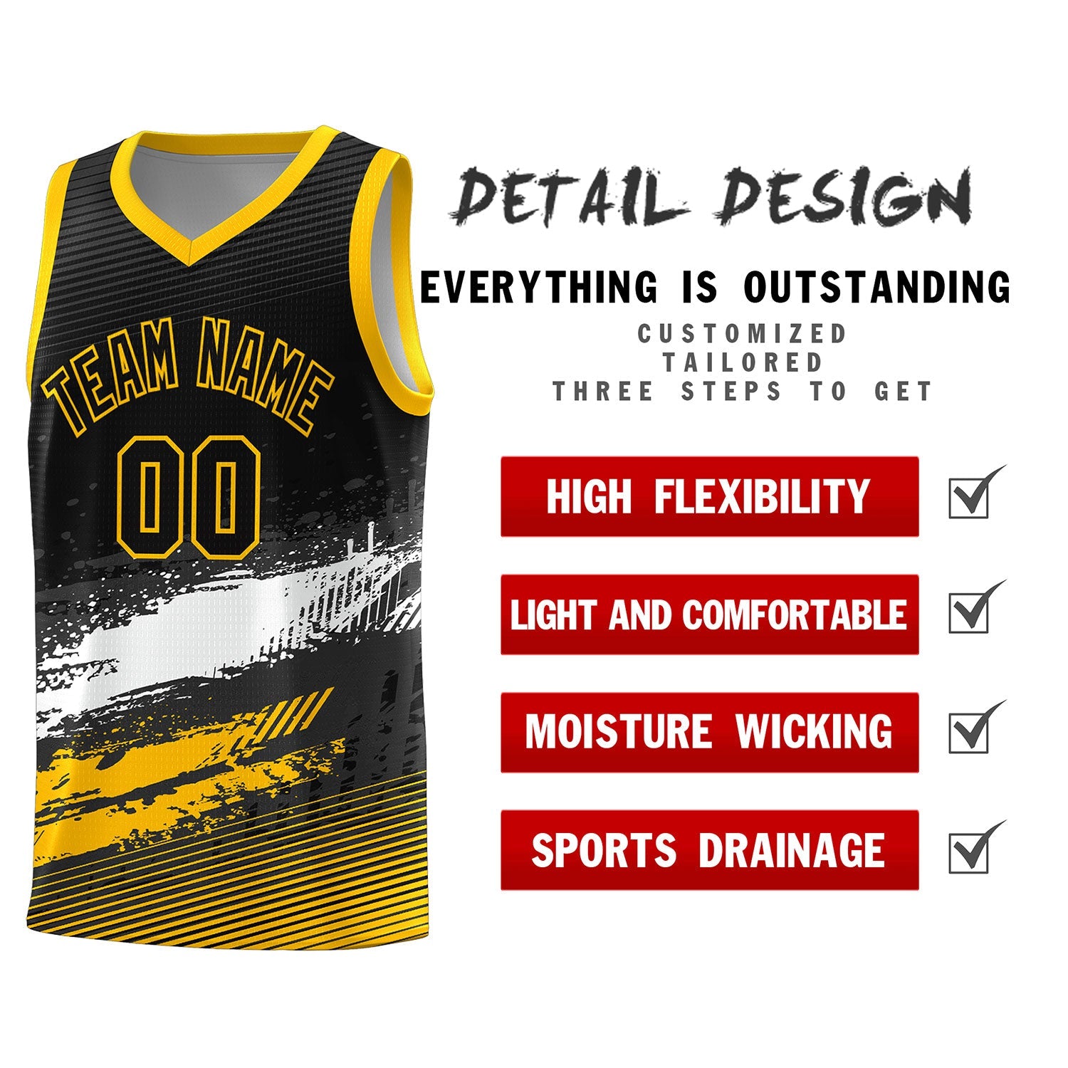 Custom Black White and Yellow Graffiti Pattern Sports Uniform Basketball Jersey