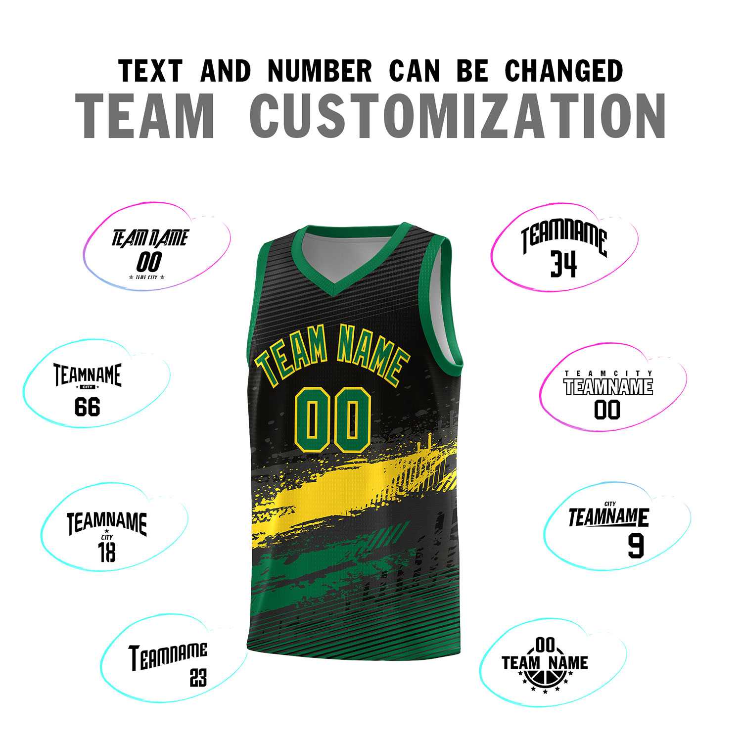 Custom Black Yellow and Kelly Green Graffiti Pattern Sports Uniform Basketball Jersey