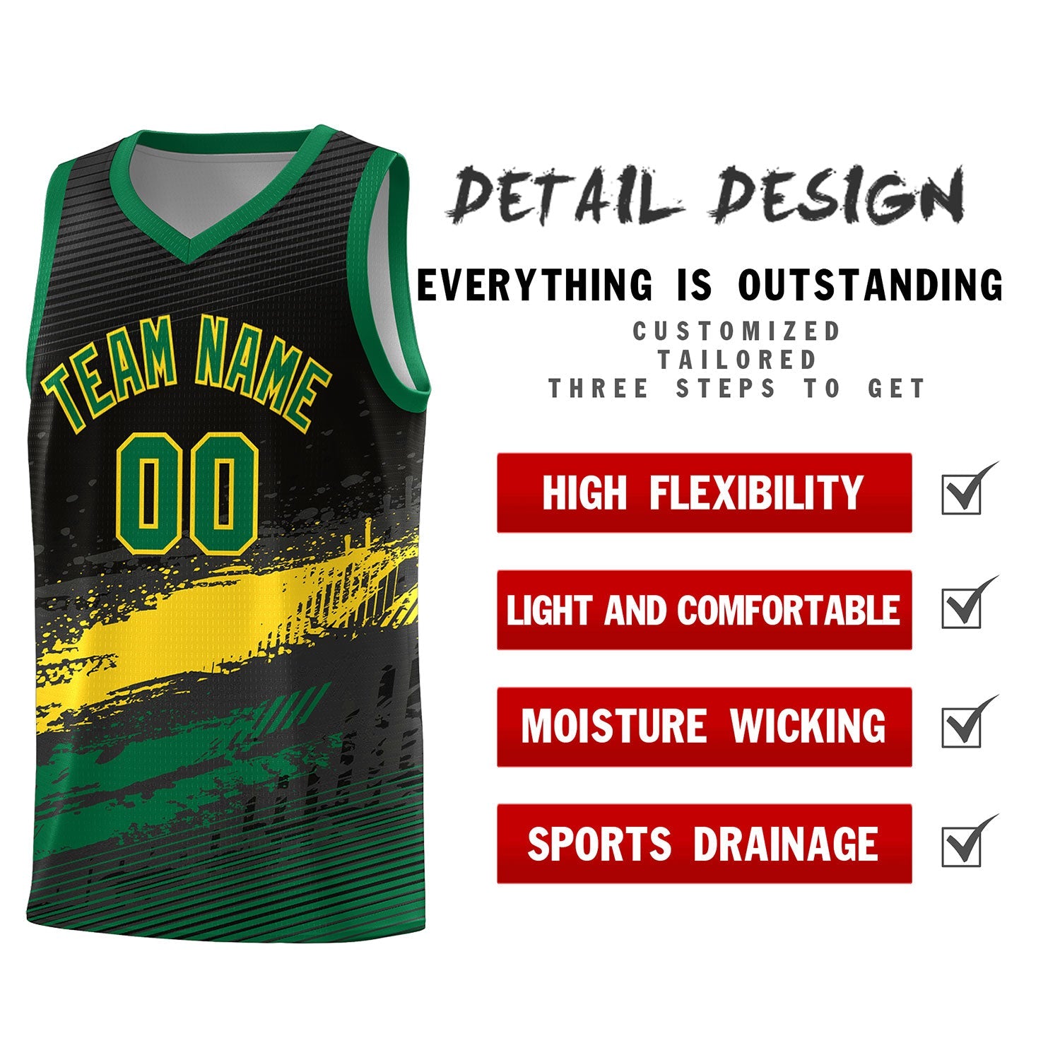 Custom Black Yellow and Kelly Green Graffiti Pattern Sports Uniform Basketball Jersey