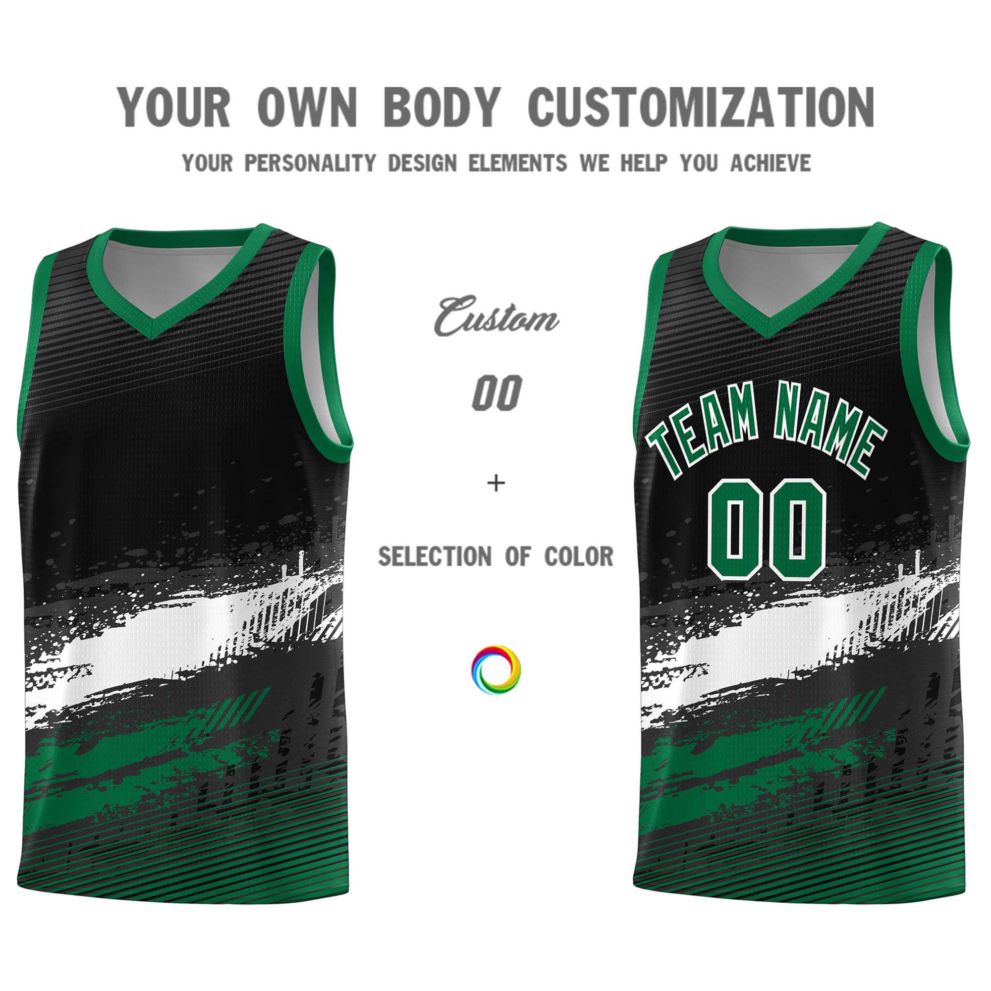 Custom Black White and Kelly Green Graffiti Pattern Sports Uniform Basketball Jersey