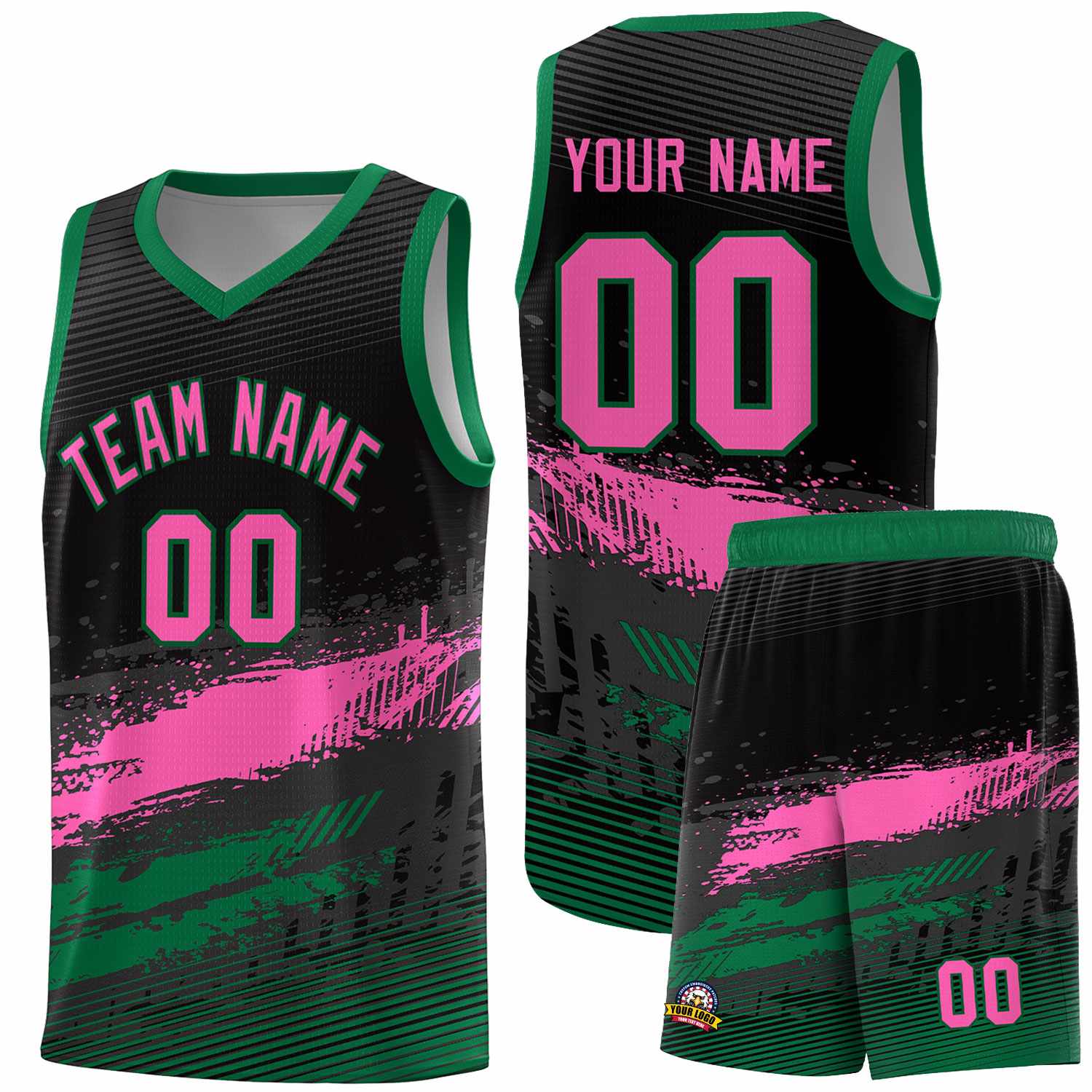 Custom Black Pink and Kelly Green Graffiti Pattern Sports Uniform Basketball Jersey