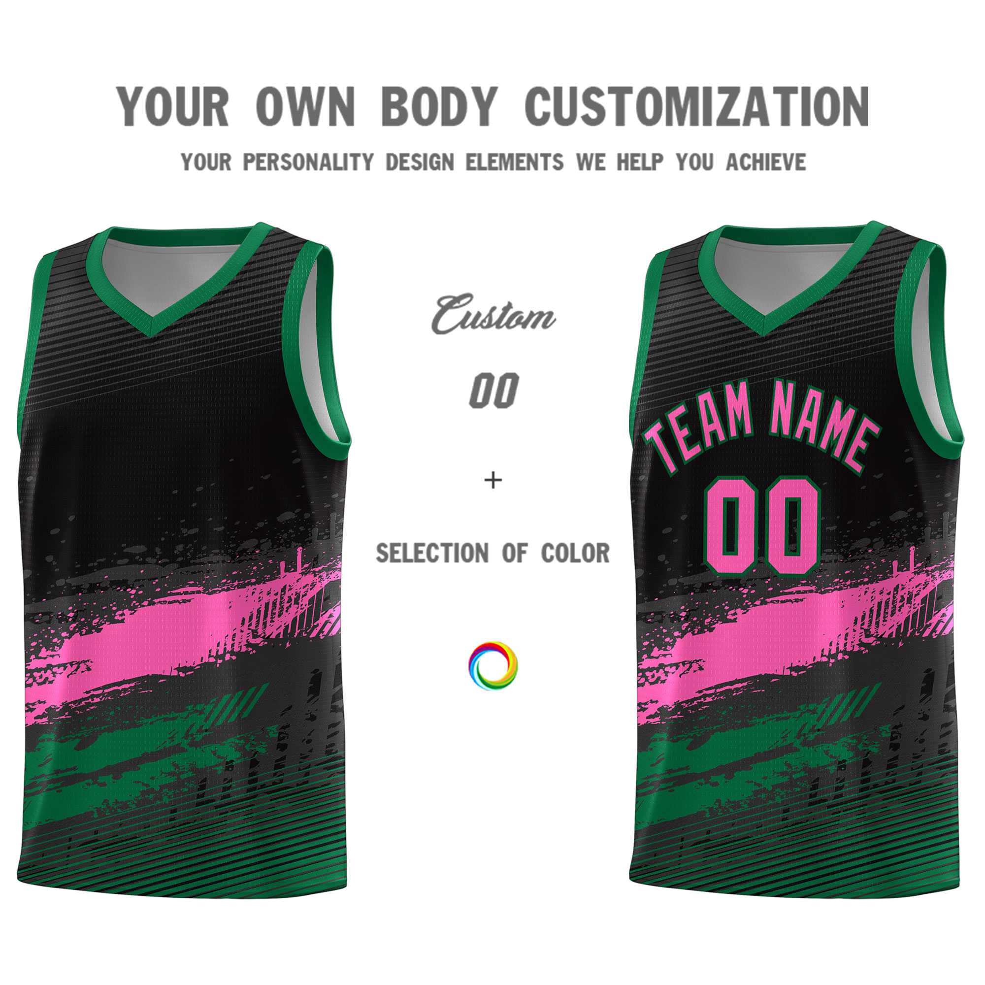 Custom Black Pink and Kelly Green Graffiti Pattern Sports Uniform Basketball Jersey