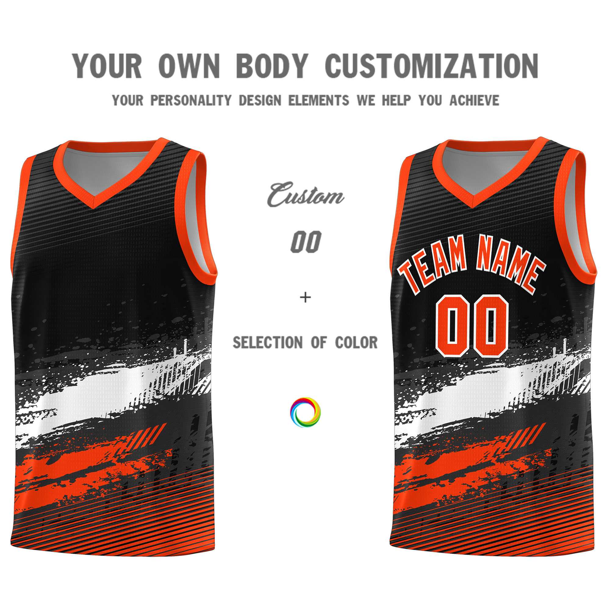 Custom Black White and Orange Graffiti Pattern Sports Uniform Basketball Jersey