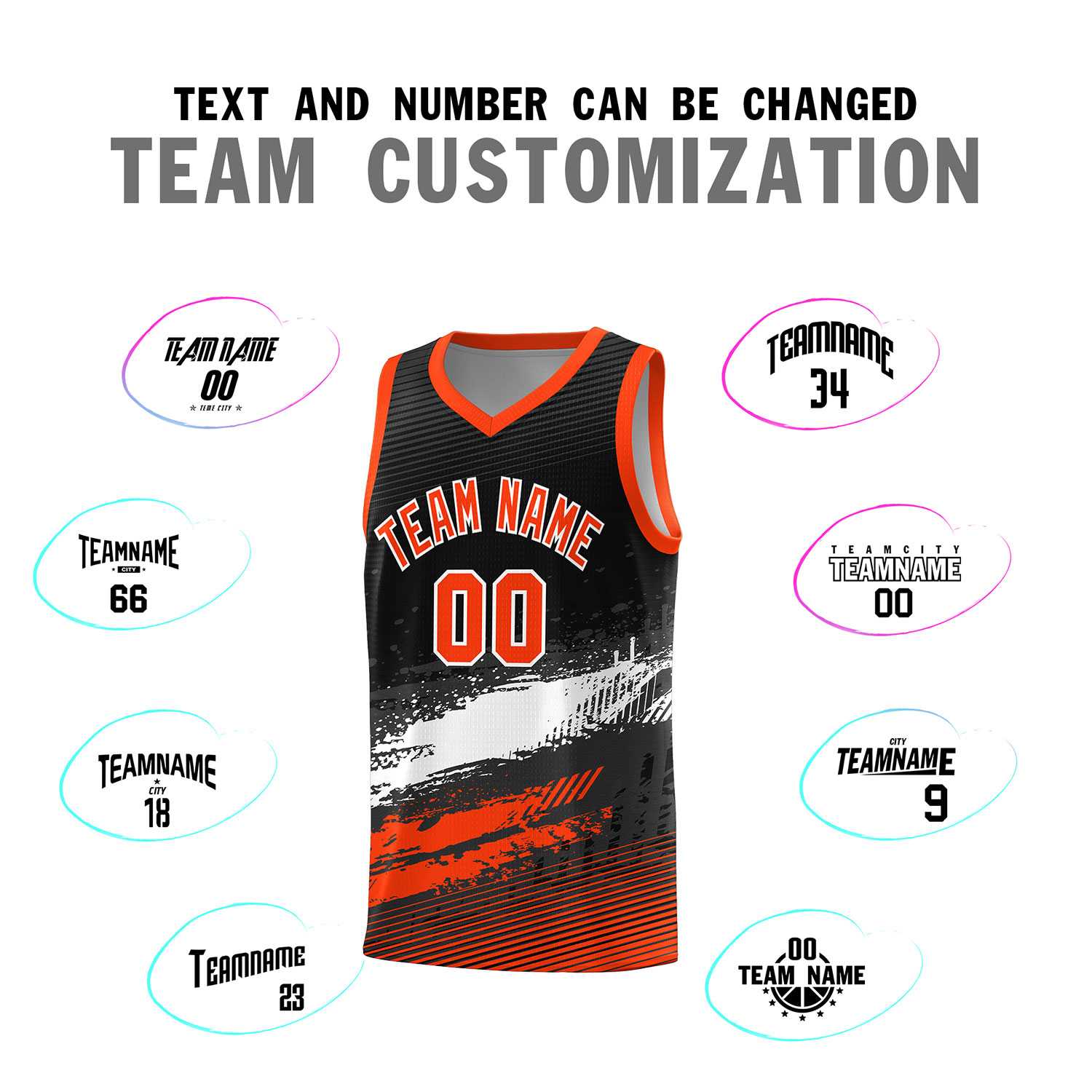 Custom Black White and Orange Graffiti Pattern Sports Uniform Basketball Jersey