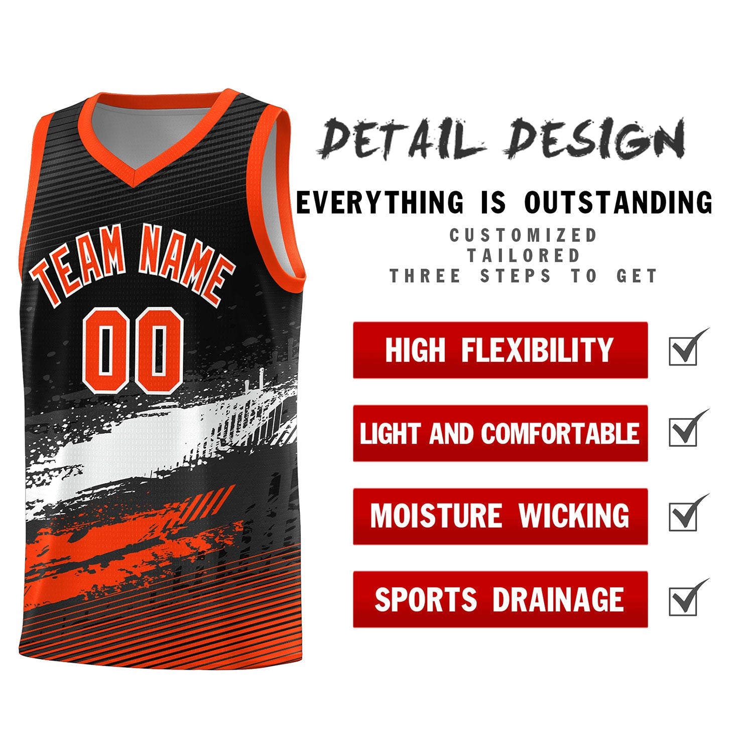 Custom Black White and Orange Graffiti Pattern Sports Uniform Basketball Jersey