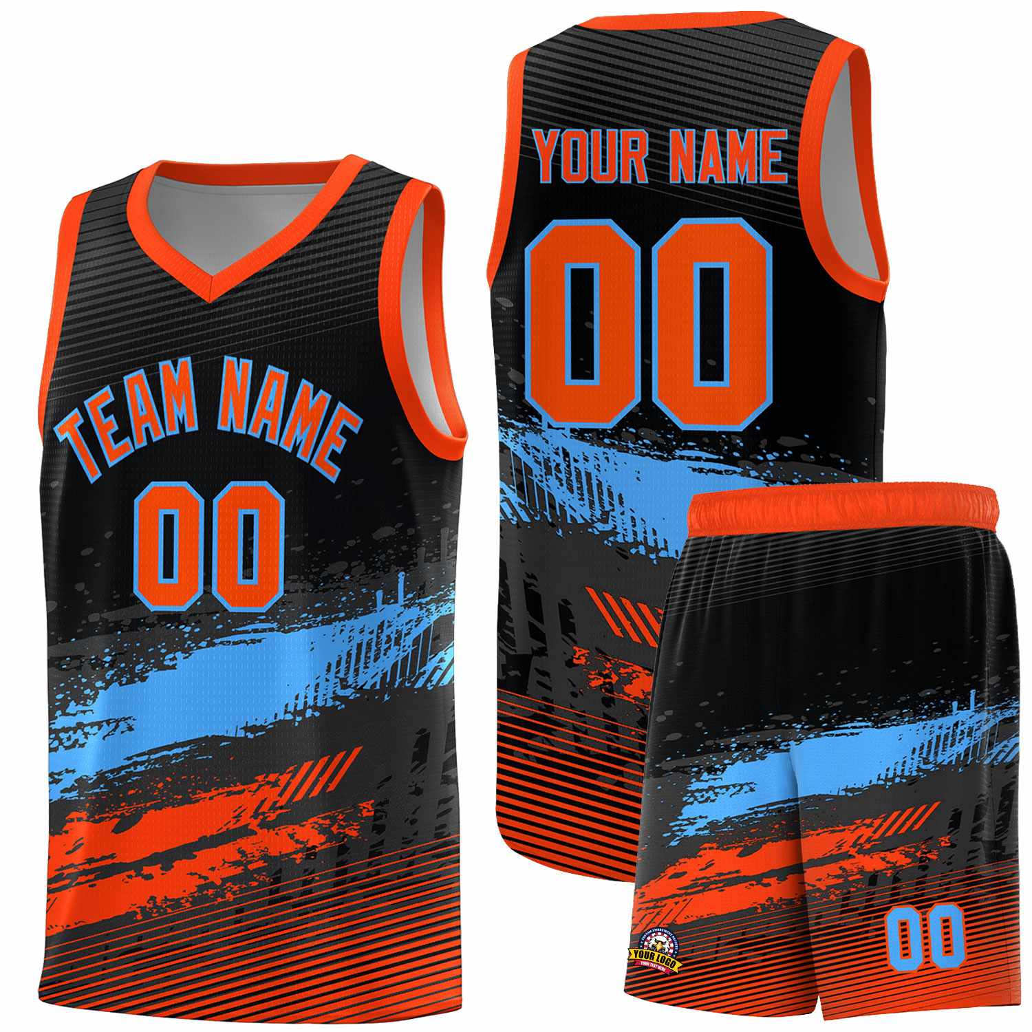 Custom Black Powder Blue and Orange Graffiti Pattern Sports Uniform Basketball Jersey